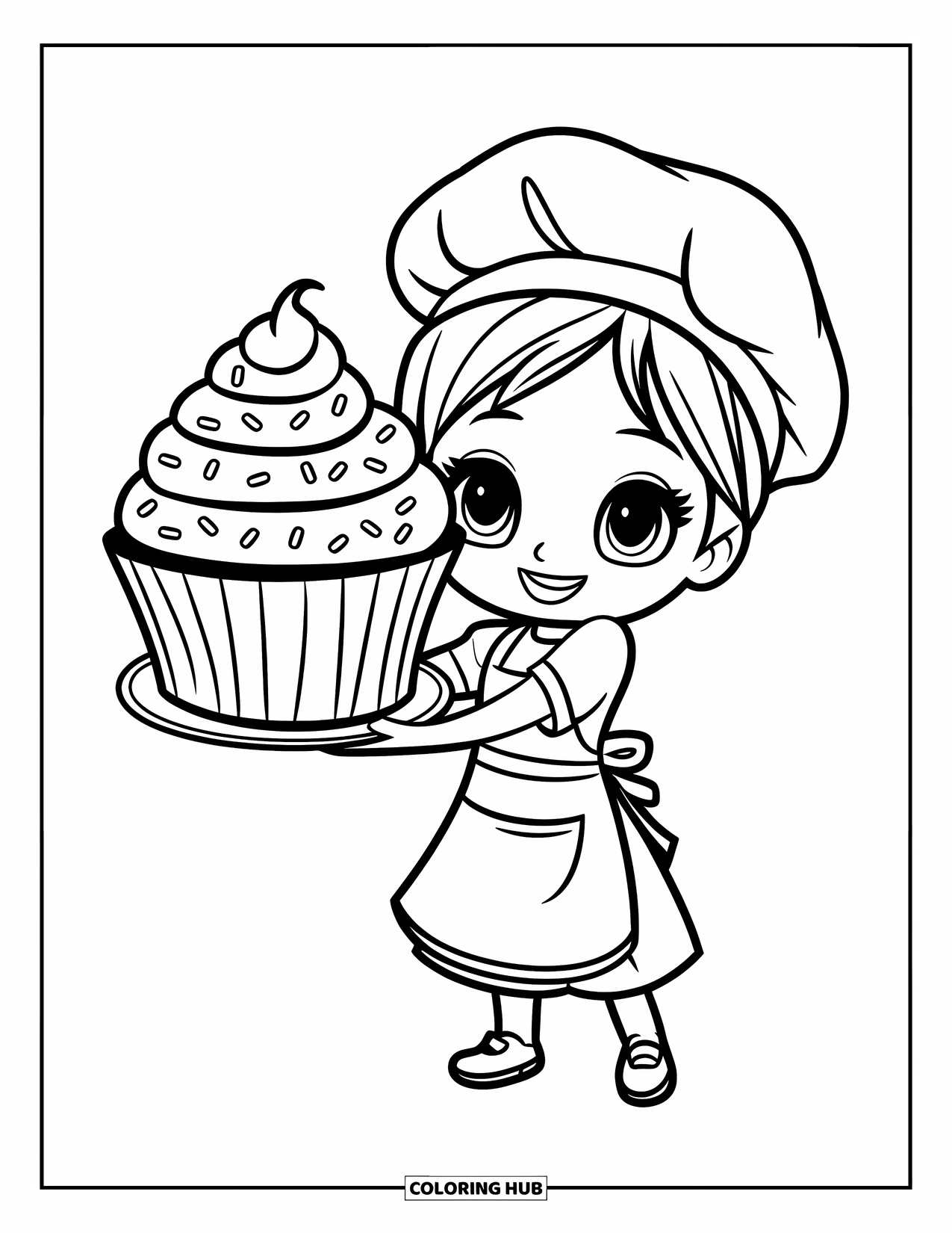 Labor Day Coloring Page for Kids: A smiling baker holding a giant frosted cupcake on a plate