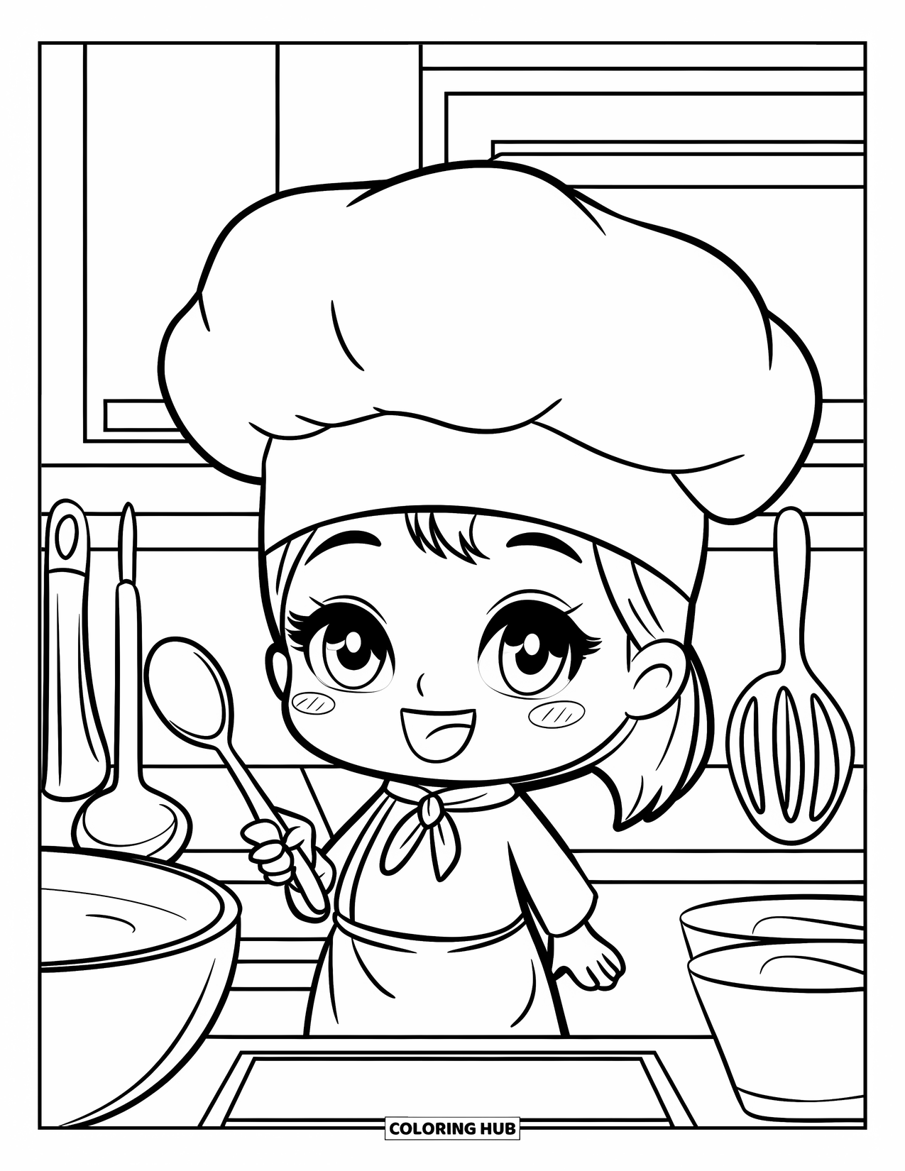 Labor Day Coloring Page for Kids: A smiling chef wearing a giant hat holding a spoon in the kitchen