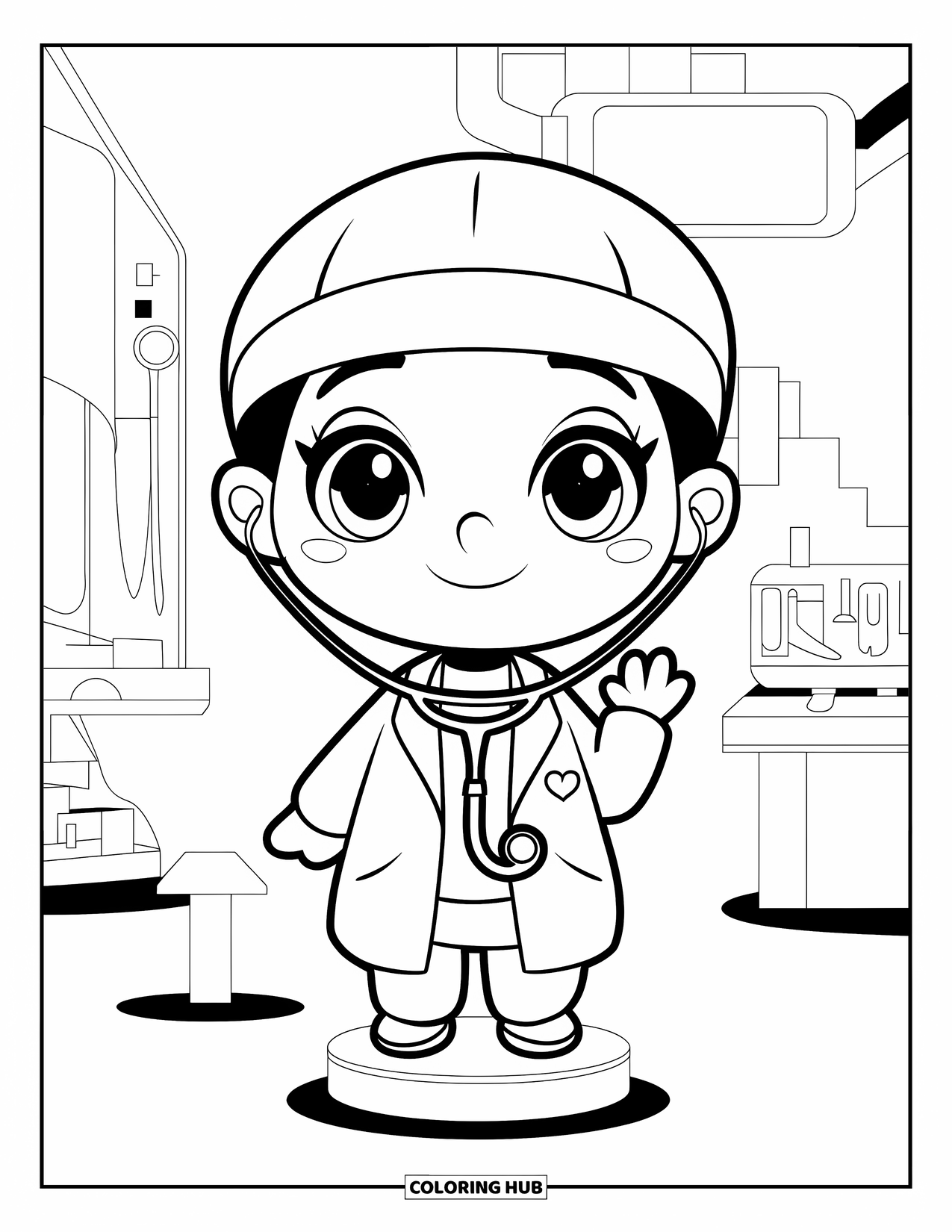 Labor Day Coloring Page for Kids: A smiling doctor with a stethoscope and heart symbol on shirt