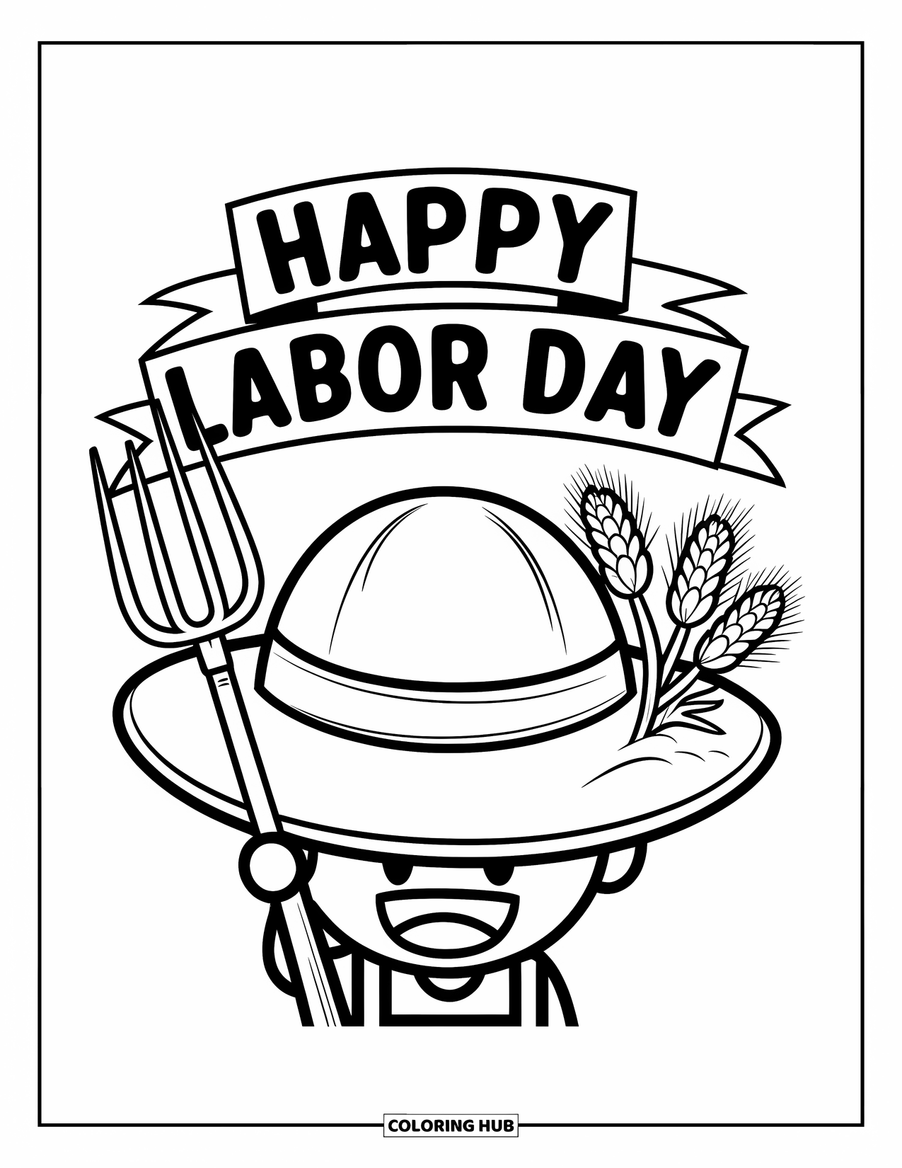 Labor Day Coloring Page for Kids: A smiling farmer holding hat under "Happy Labor Day" banner