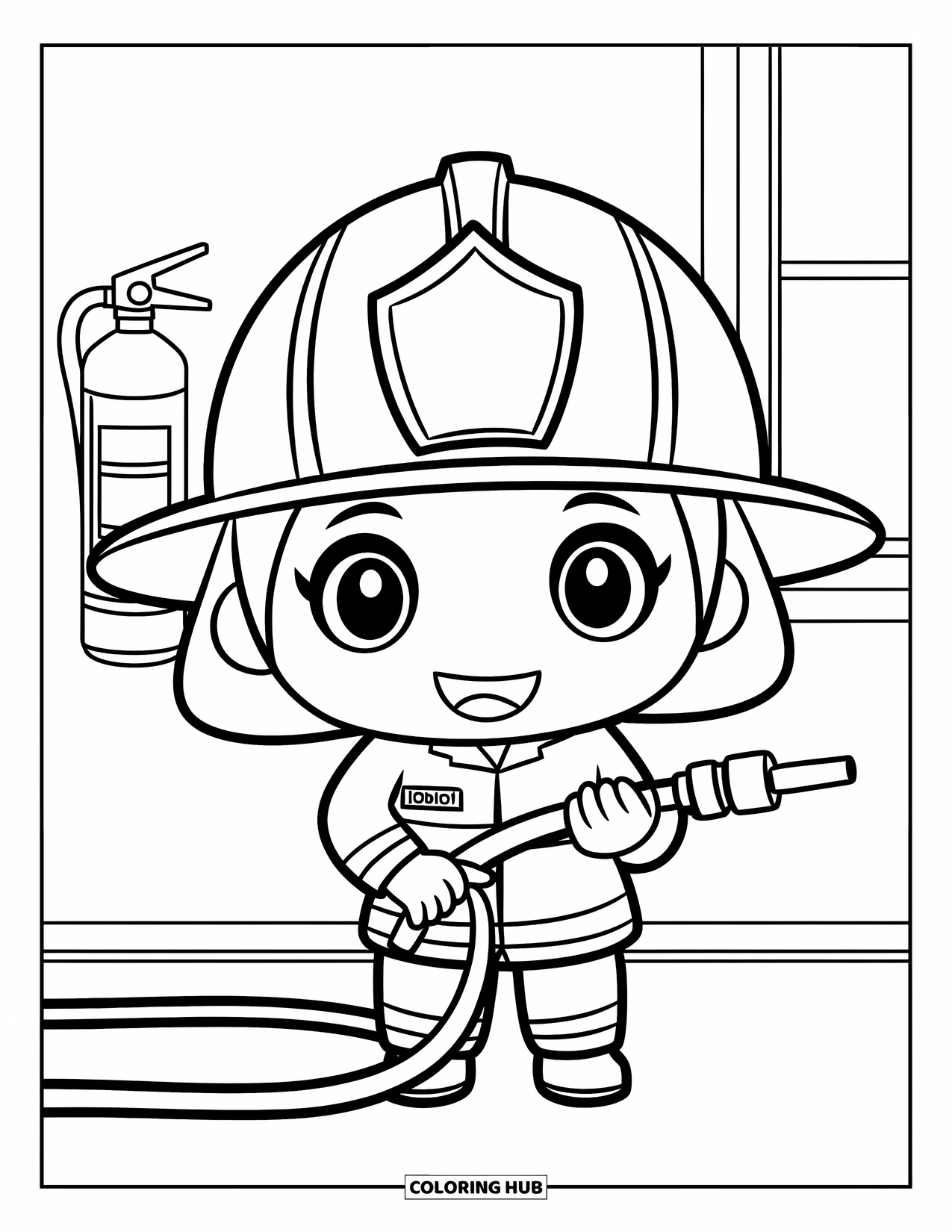 Labor Day Coloring Page for Kids: A smiling firefighter with helmet and hose standing near a window