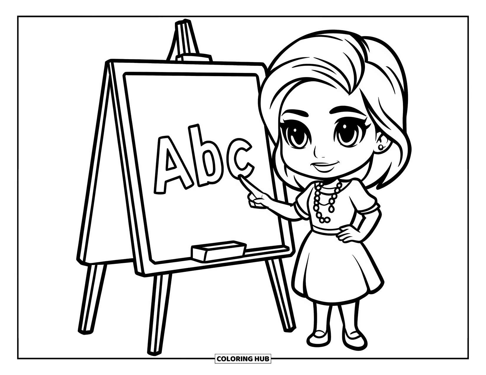Labor Day Coloring Page for Kids: A teacher wearing a dress pointing at a chalkboard labeled "ABC"