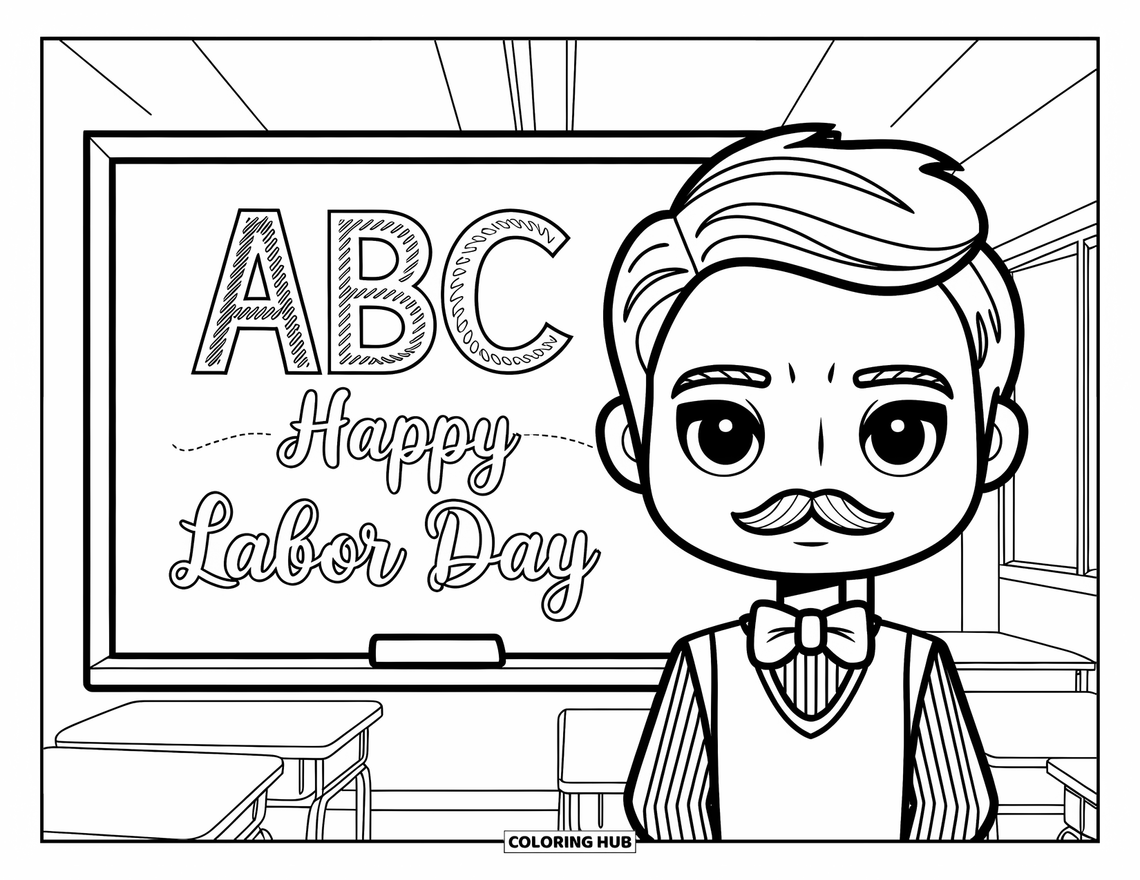 Labor Day Coloring Page for Kids: A teacher with chalkboard showing "ABC" and "Happy Labor Day"