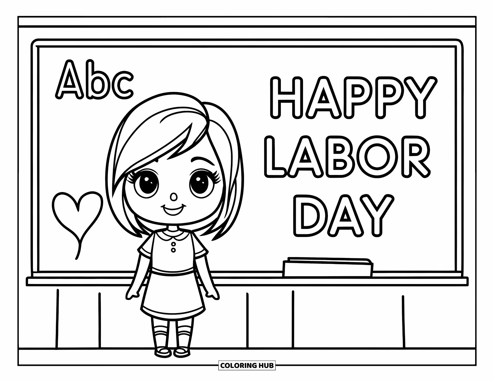 Labor Day Coloring Page for Kids: A teacher with short hair by chalkboard reading "Happy Labor Day"