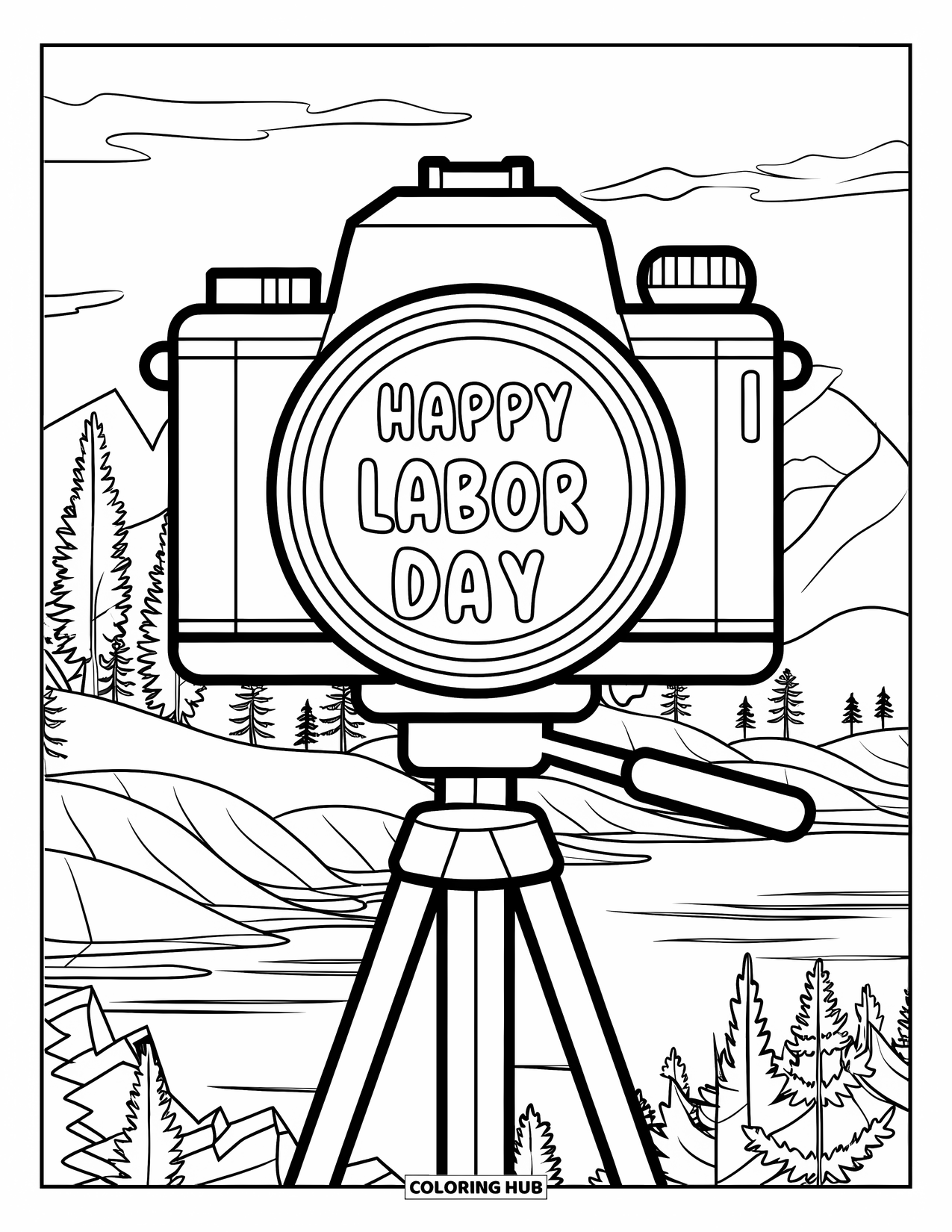 Labor Day Coloring Page for Kids: A tripod camera facing mountains with "Happy Labor Day" lens