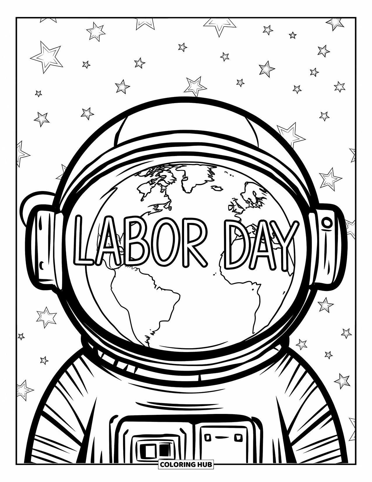 Labor Day Coloring Page for Kids: An astronaut helmet showing Earth and "Labor Day" across the visor