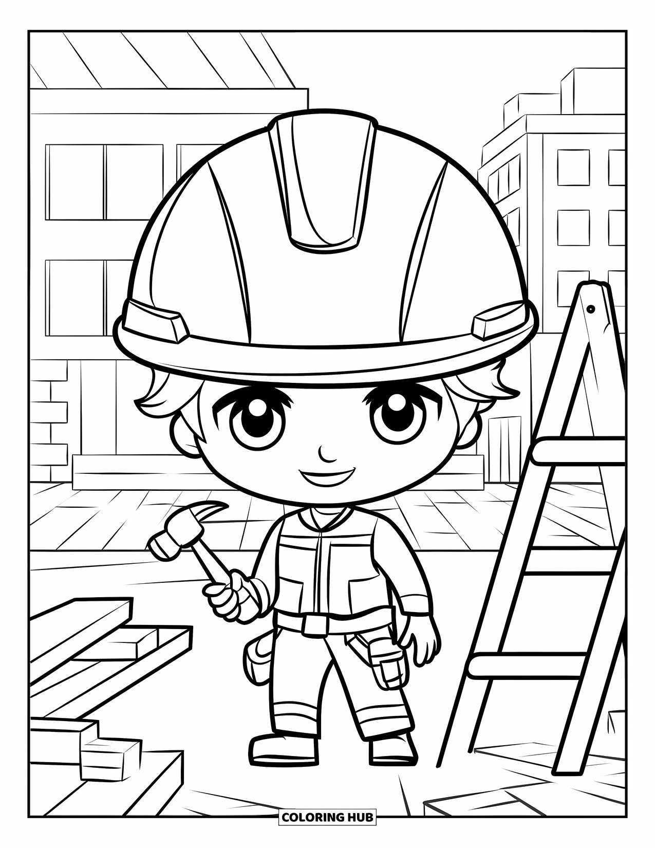 Labor Day Coloring Page for Kids: An engineer with a hard hat holding a hammer at a building site