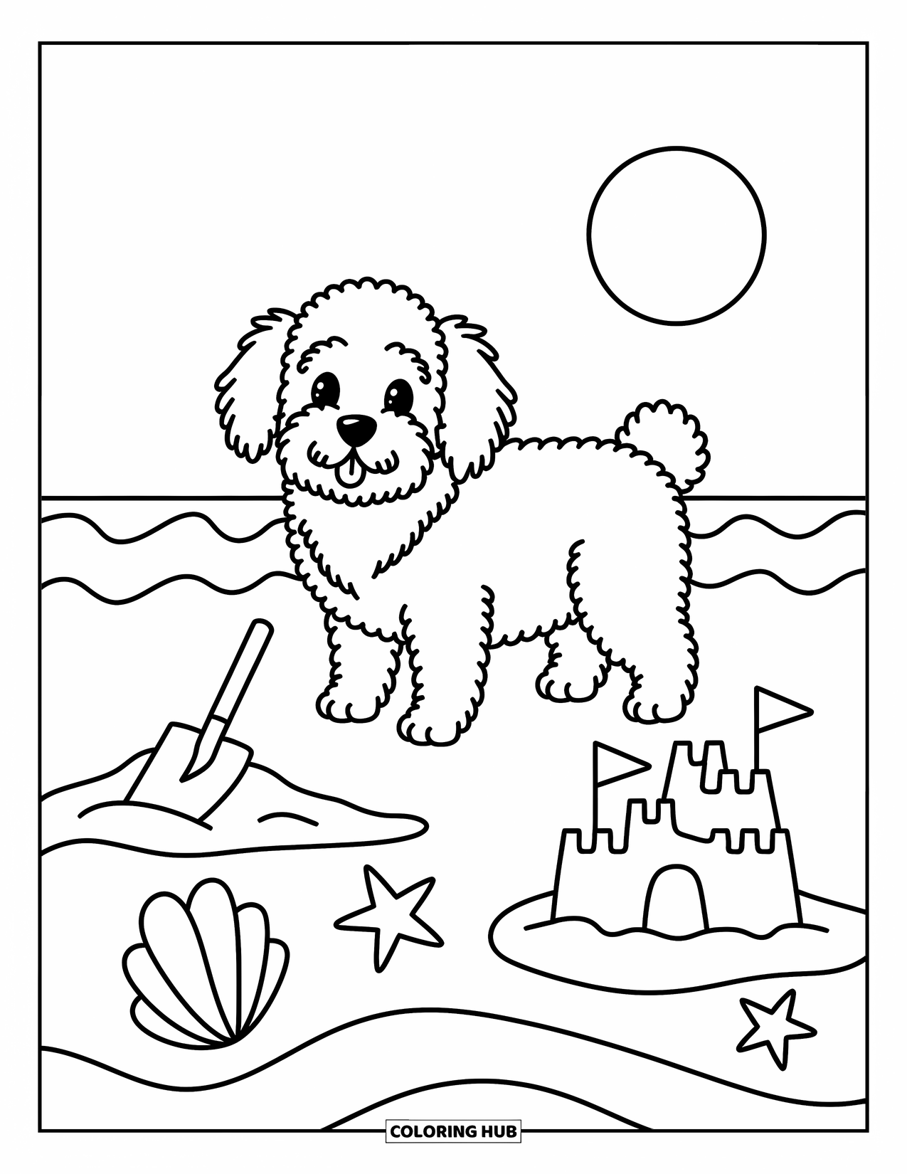 Labradoodle Coloring Page for Adults: Labradoodle beside a sandcastle with seashells and starfish in foreground