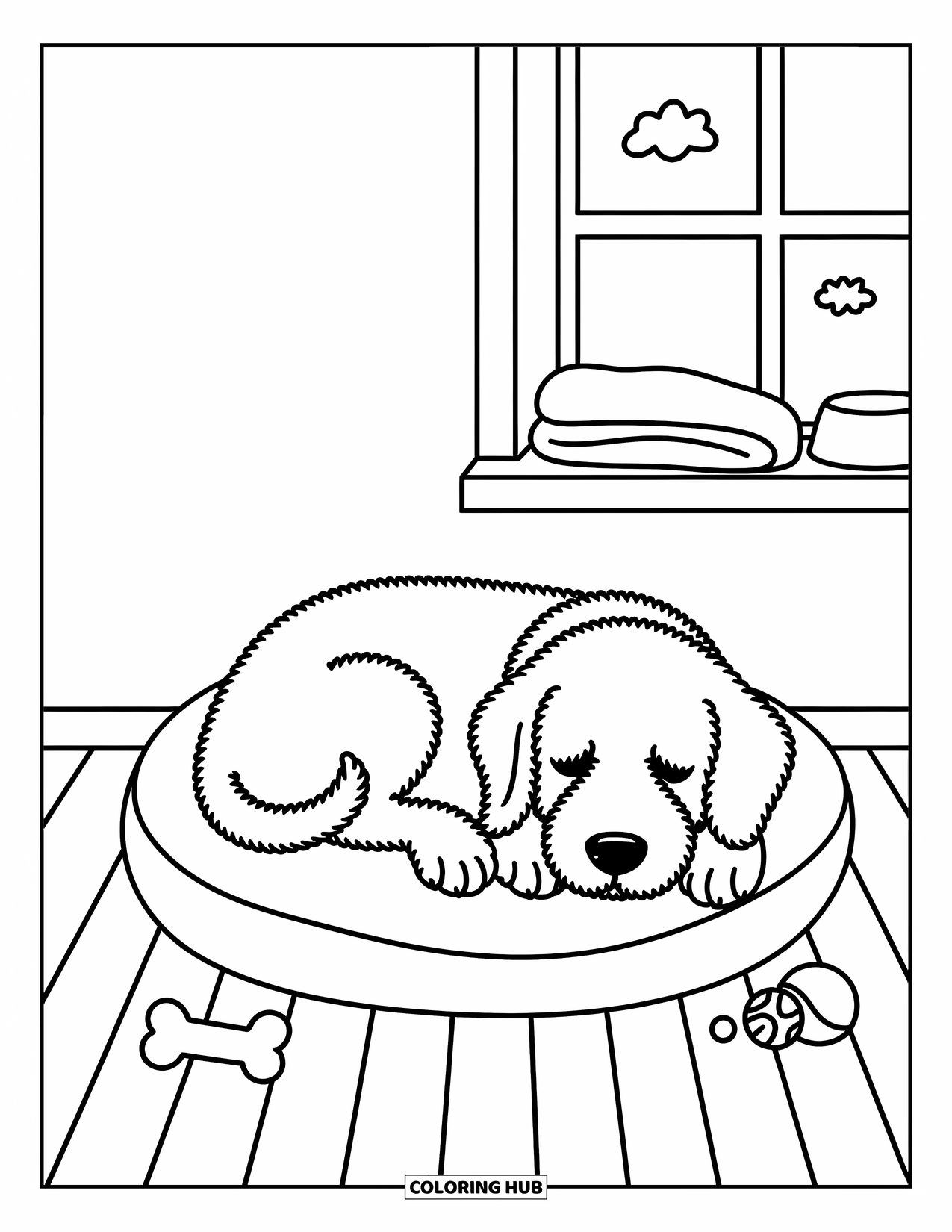 Labradoodle Coloring Page for Adults: Labradoodle curled in a donut bed with toy bone and ball
