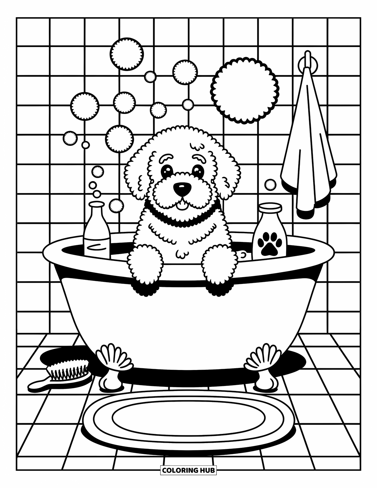 Labradoodle Coloring Page for Adults: Labradoodle in a bubble bath with towel, brush, and bottle