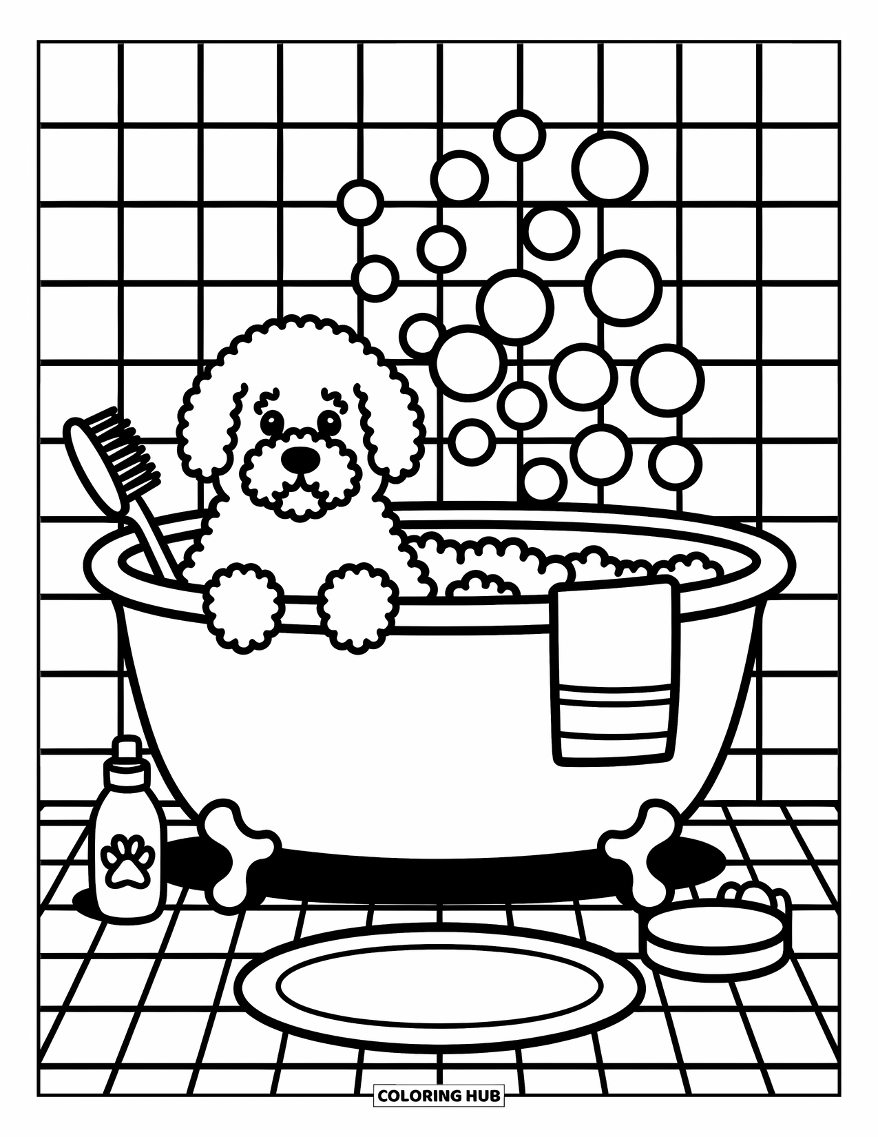 Labradoodle Coloring Page for Adults: Labradoodle in a tub with head, chest, and paws above bubbles