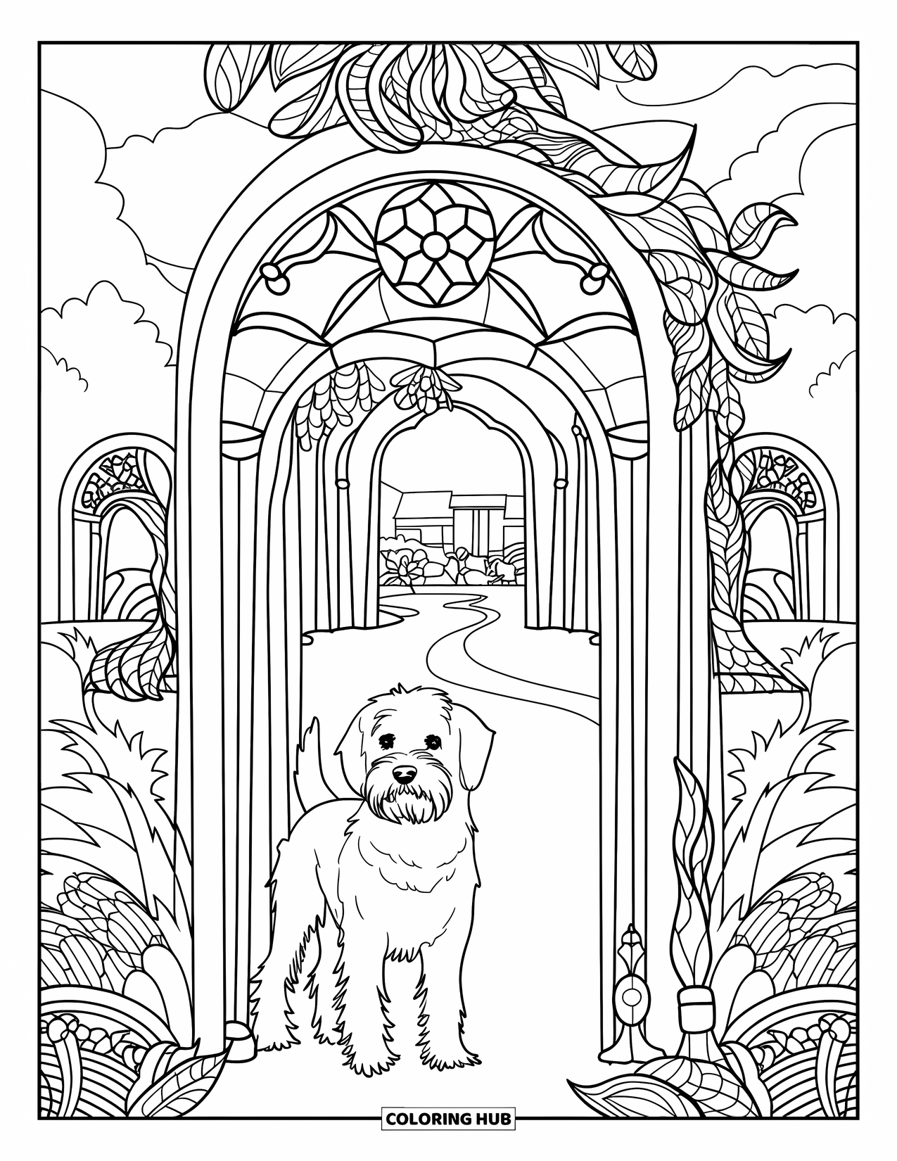 Labradoodle Coloring Page for Adults: Labradoodle in floral stained glass arch with path and distant building
