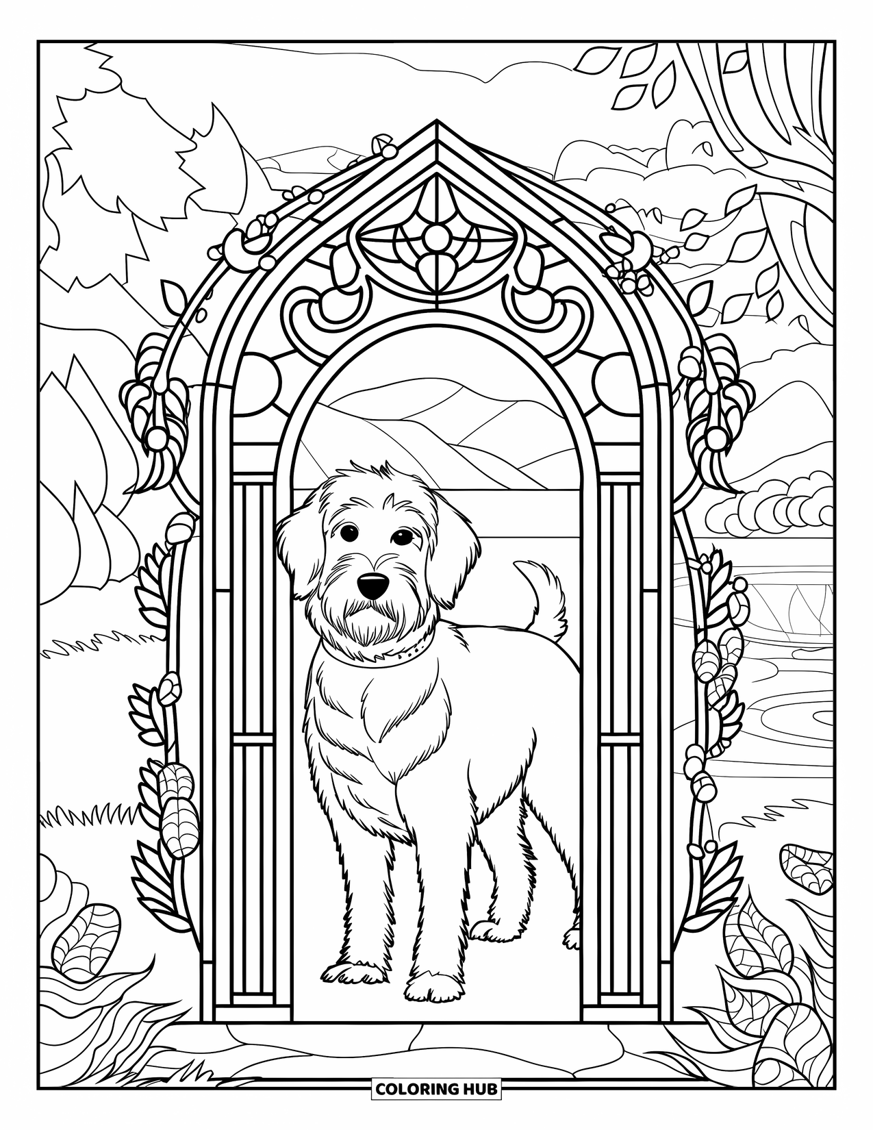 Labradoodle Coloring Page for Adults: Labradoodle in stained glass arch with mountains and water in background
