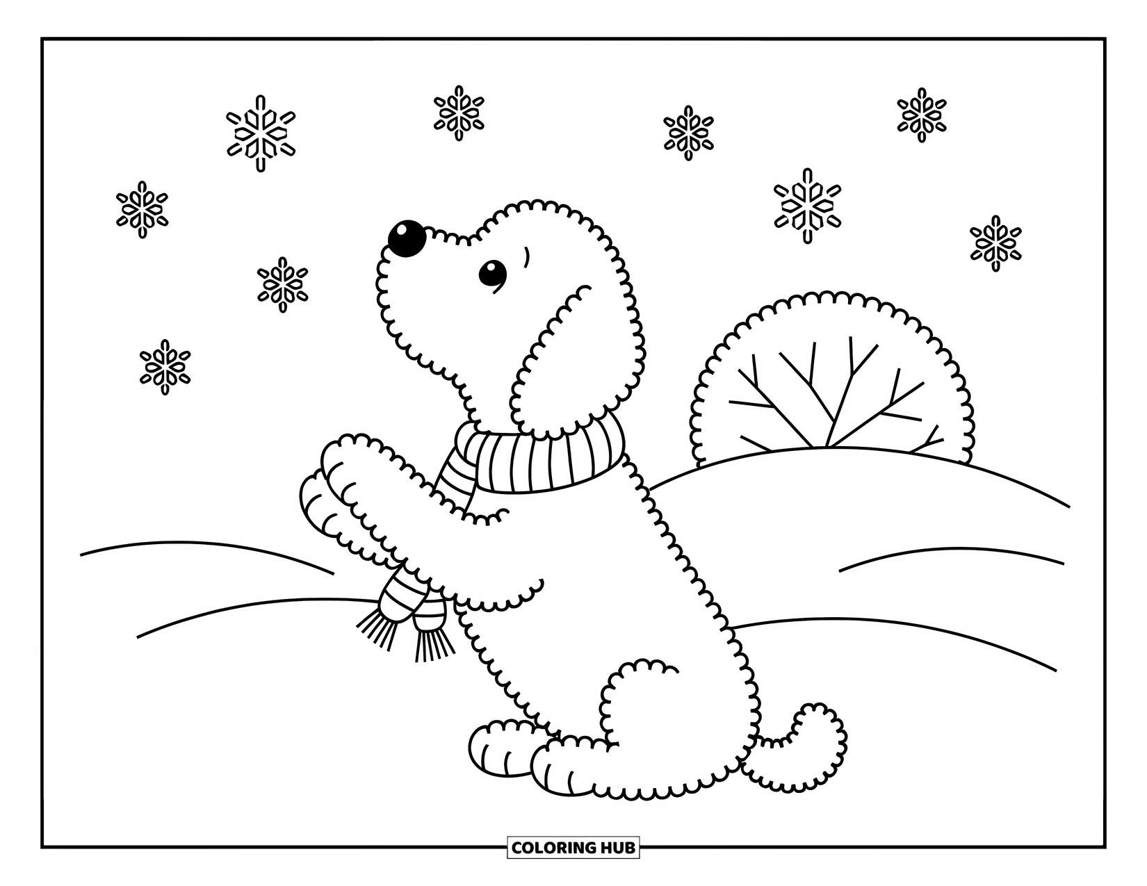 Labradoodle Coloring Page for Adults: Labradoodle lifting paws toward snowflakes beside a snow-covered bush
