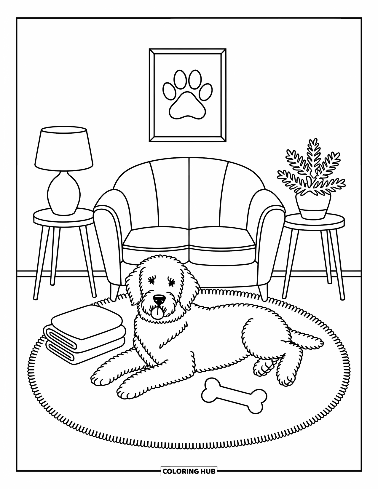 Labradoodle Coloring Page for Adults: Labradoodle lounging on a rug beside a sofa with blanket and toy