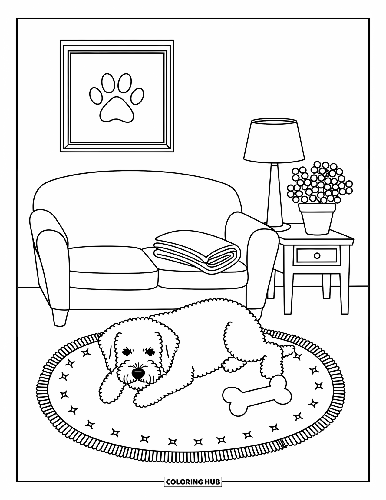Labradoodle Coloring Page for Adults: Labradoodle lying on a rug with sofa, lamp, and framed paw print