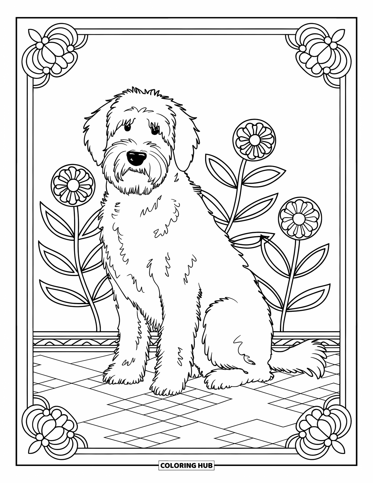 Labradoodle Coloring Page for Adults: Labradoodle on patterned carpet surrounded by stained glass florals