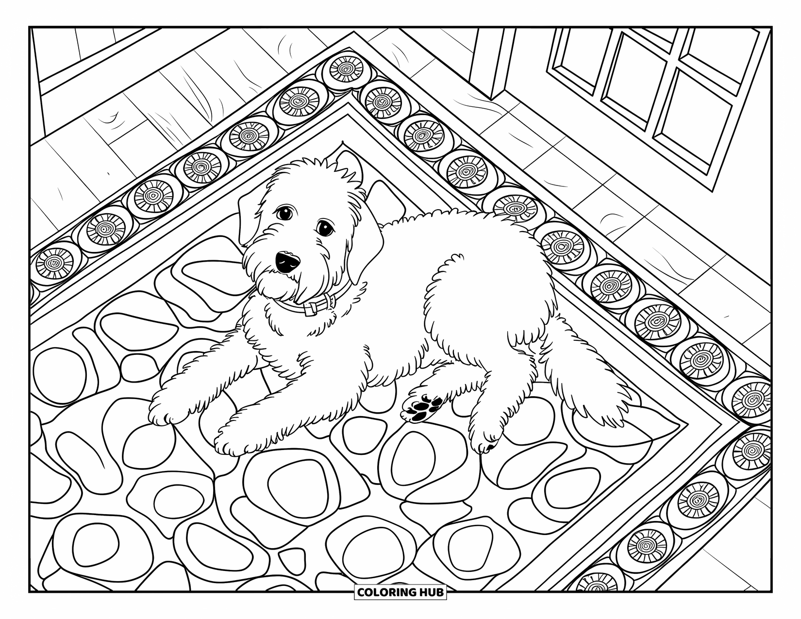 Labradoodle Coloring Page for Adults: Labradoodle on wooden floor with mandala border, door, and window in room