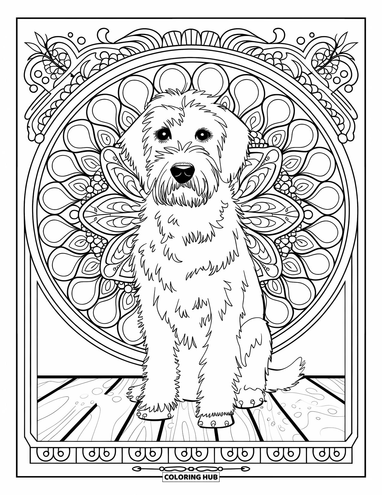 Labradoodle Coloring Page for Adults: Labradoodle on wooden surface with botanical mandala and decorative border