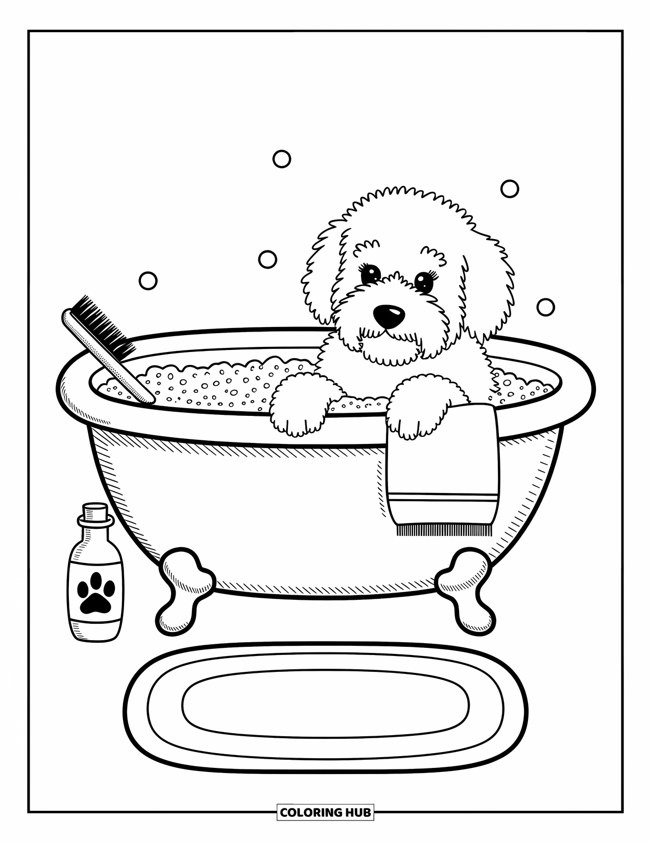 Labradoodle Coloring Page for Adults: Labradoodle peeking over tub rim surrounded by bubbles and bath items