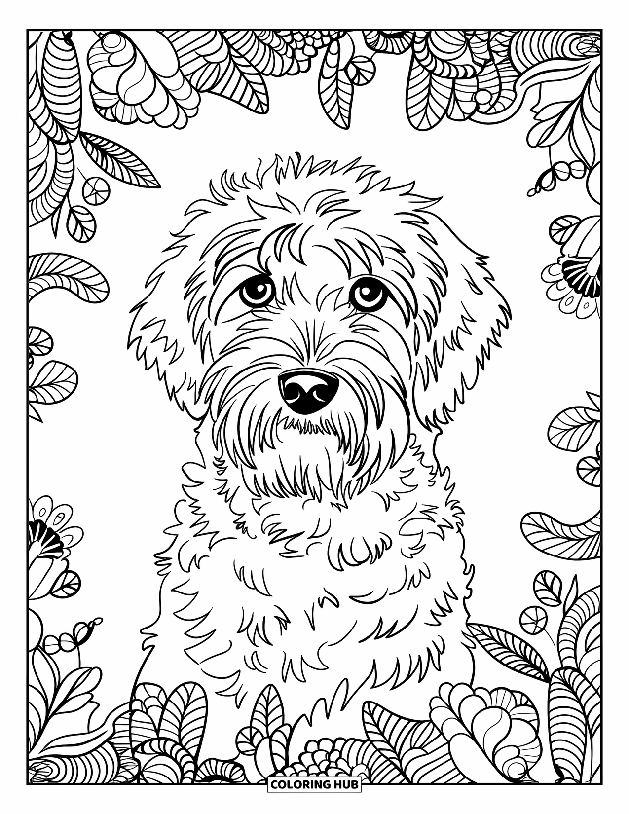 Labradoodle Coloring Page for Adults: Labradoodle portrait framed by botanical mandala of leaves and flowers