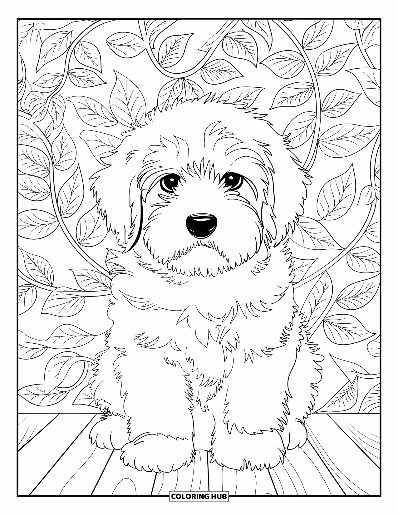 Labradoodle Coloring Page for Adults: Labradoodle puppy sitting on wooden surface with leafy vine background