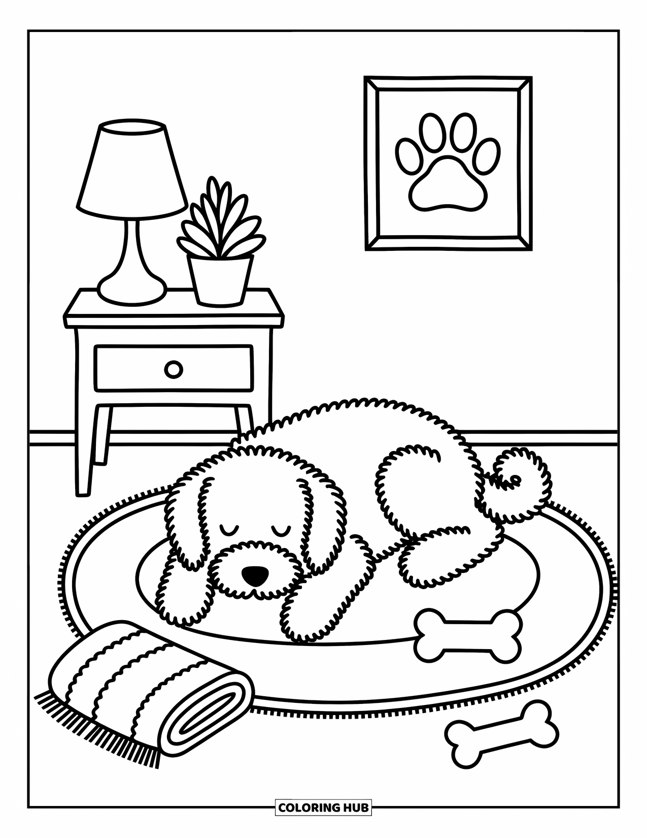 Labradoodle Coloring Page for Adults: Labradoodle resting on a rug with blanket, bone, and side table