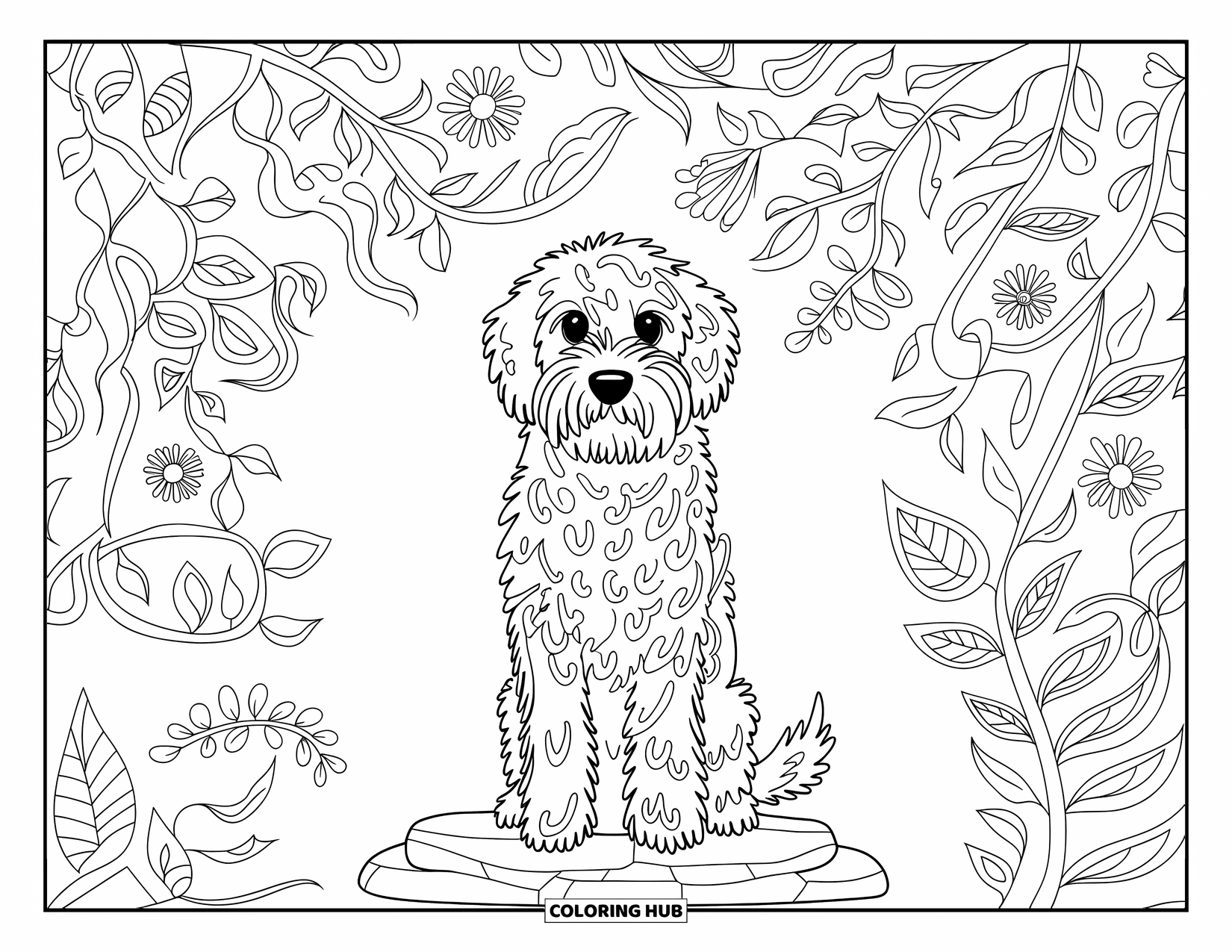 Labradoodle Coloring Page for Adults: Labradoodle sitting on a stone base framed by swirling botanical patterns