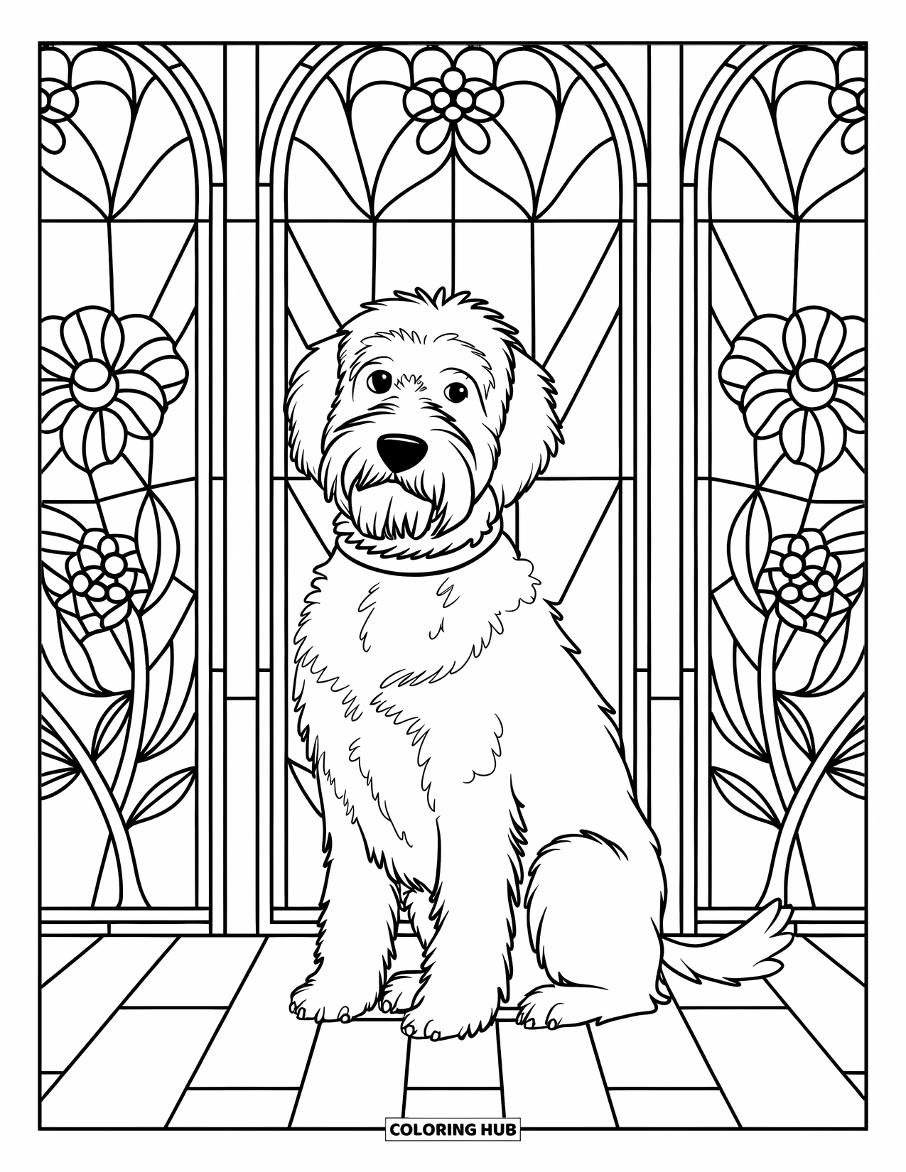 Labradoodle Coloring Page for Adults: Labradoodle sitting on wooden floor surrounded by stained glass florals