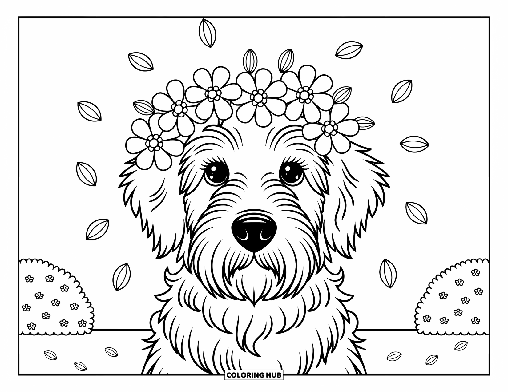 Labradoodle Coloring Page for Adults: Labradoodle with a flower crown and petals drifting around