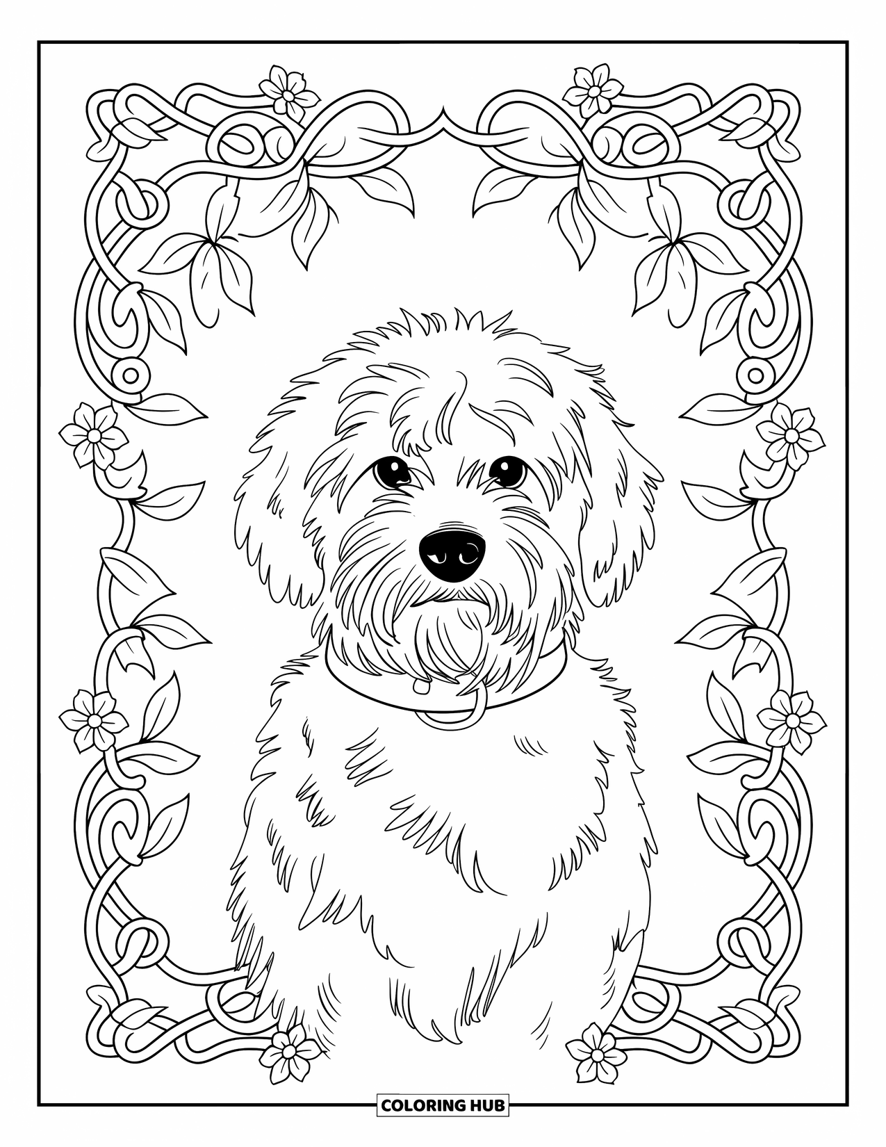 Labradoodle Coloring Page for Adults: Labradoodle with collar framed by leafy vines and decorative border