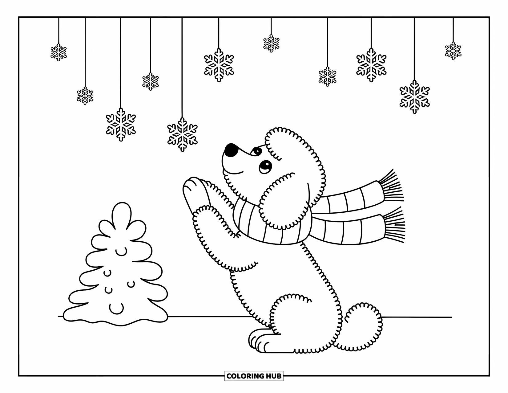 Labradoodle Coloring Page for Adults: Labradoodle with raised paws sniffing falling snowflakes in a scarf