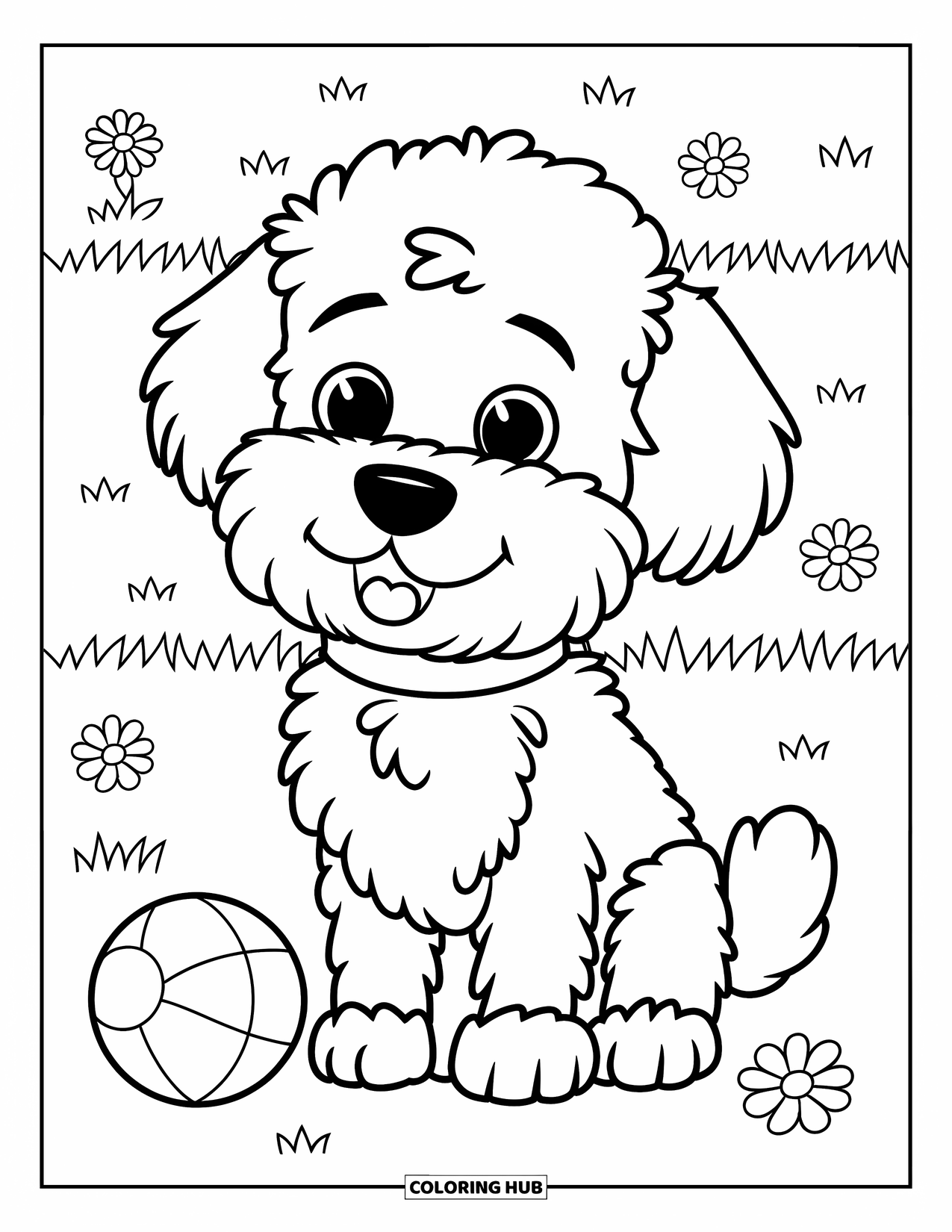 Labradoodle Coloring Page for Kids: Fluffy Labradoodle in grass with ball and flowers
