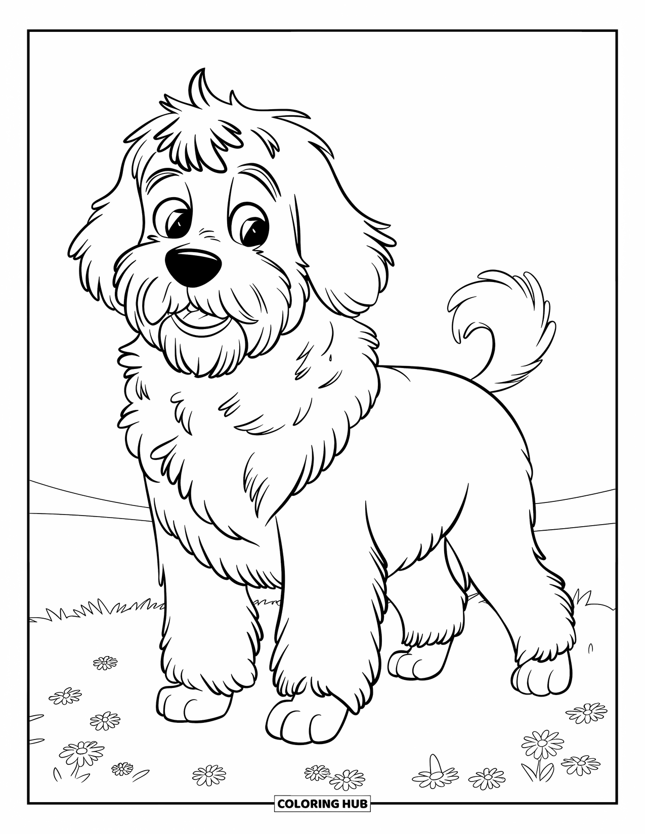 Labradoodle Coloring Page for Kids: Fluffy Labradoodle on grass with flowers and clear sky