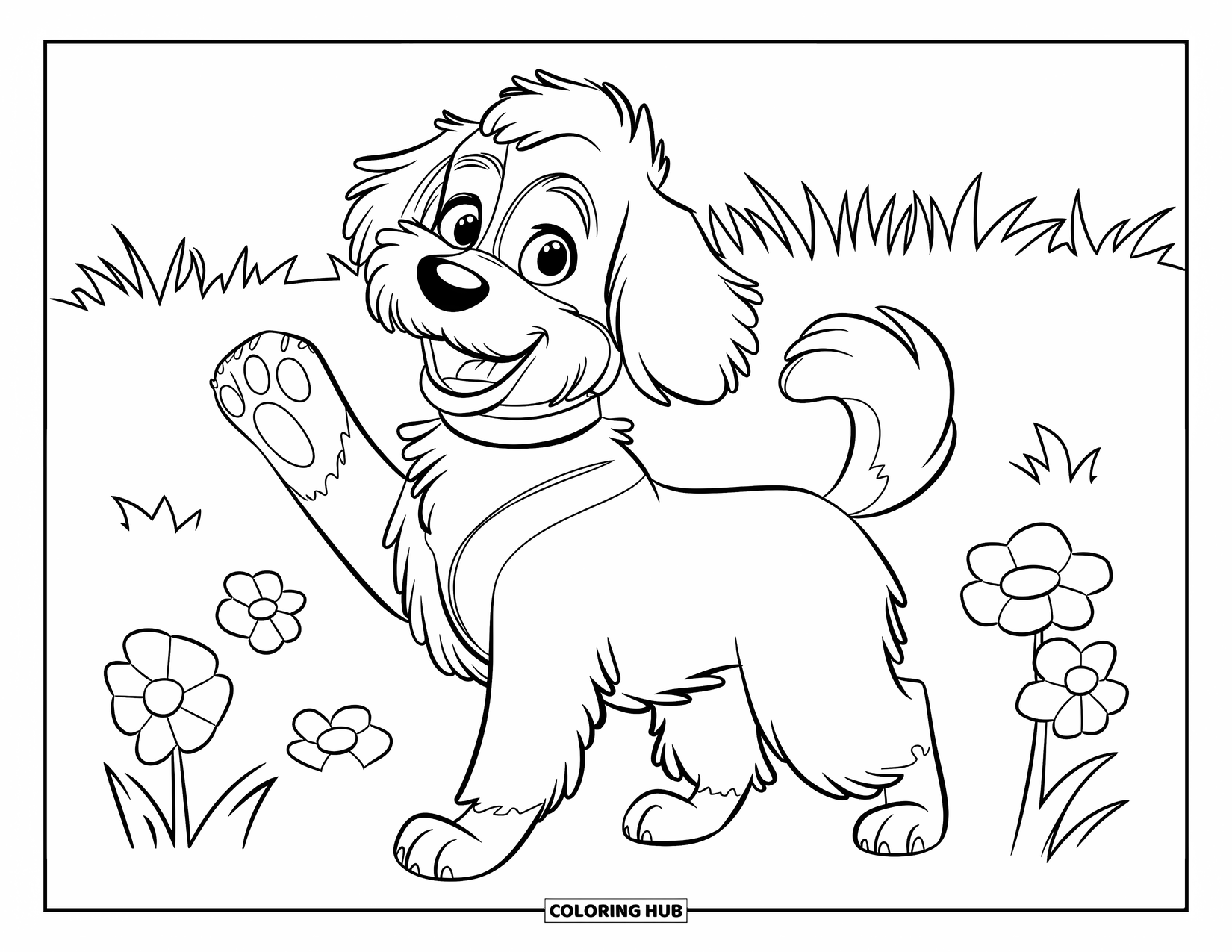 Labradoodle Coloring Page for Kids: Fluffy Labradoodle with raised paw among flowers in a field