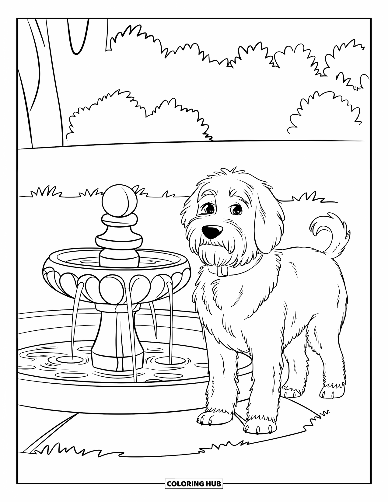 Labradoodle Coloring Page for Kids: Labradoodle by a ball-shaped fountain in a grassy field