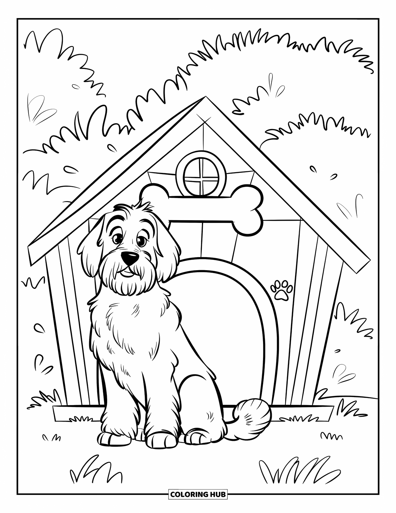 Labradoodle Coloring Page for Kids: Labradoodle by a dog house with a window and paw print