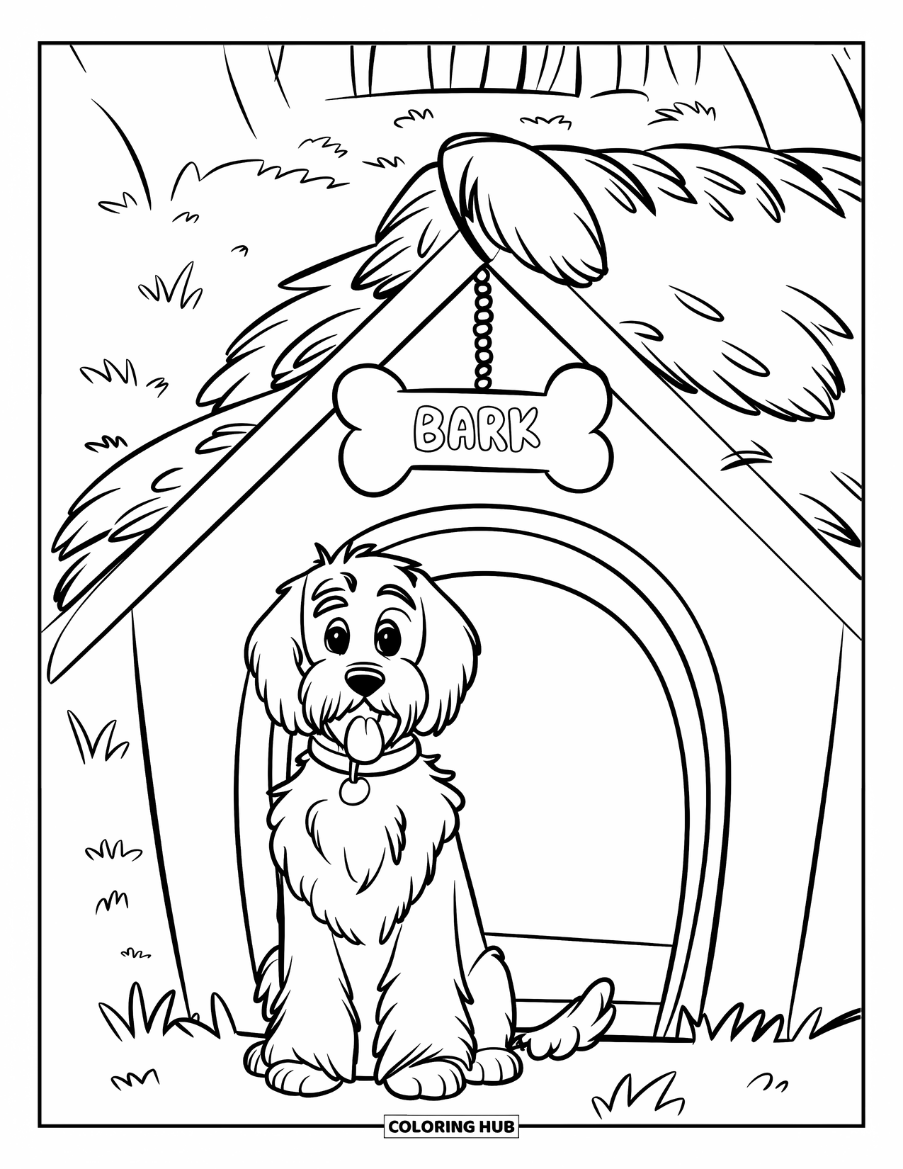 Labradoodle Coloring Page for Kids: Labradoodle by a thatched dog house with "Bark Here" sign