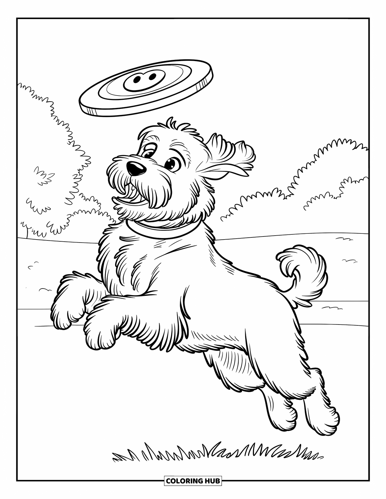 Labradoodle Coloring Page for Kids: Labradoodle catching a frisbee with a smiley face design
