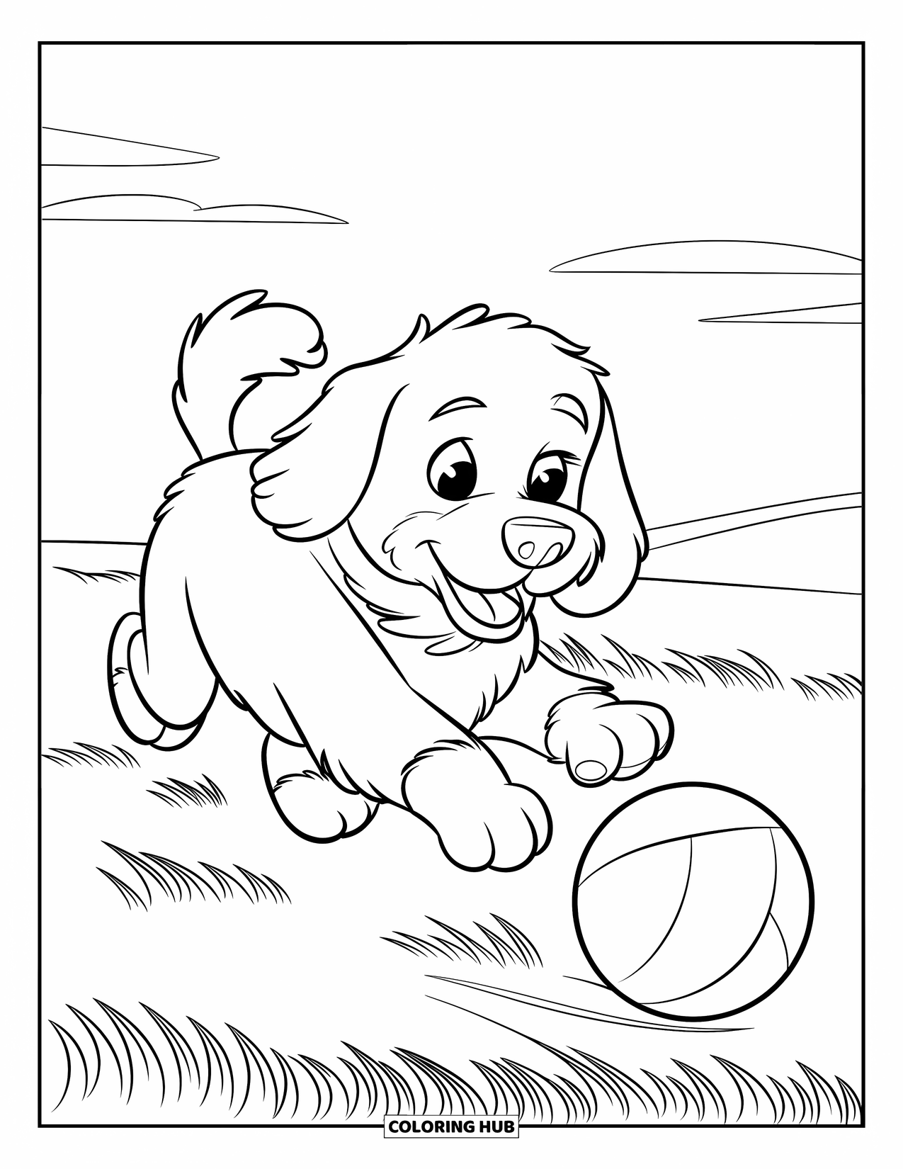 Labradoodle Coloring Page for Kids: Labradoodle chasing a ball under a sunny sky