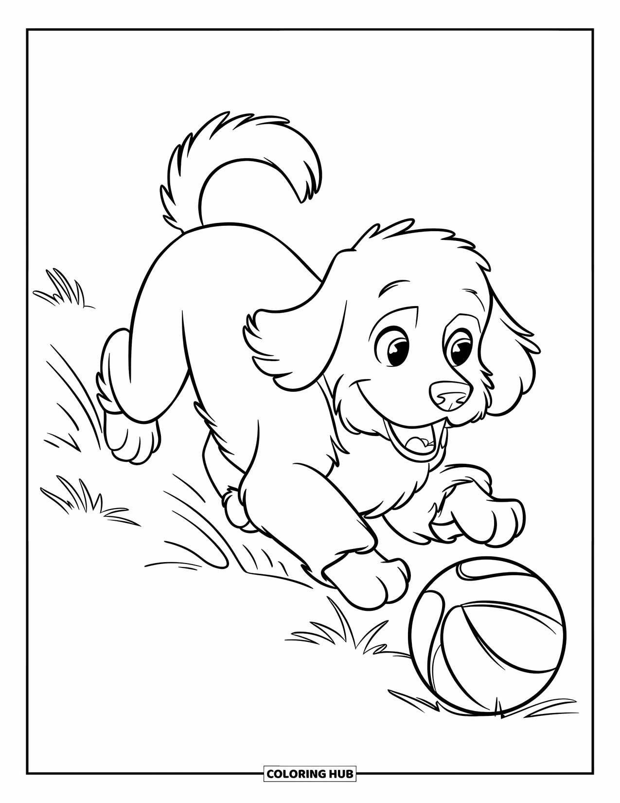 Labradoodle Coloring Page for Kids: Labradoodle chasing a ball with no background details