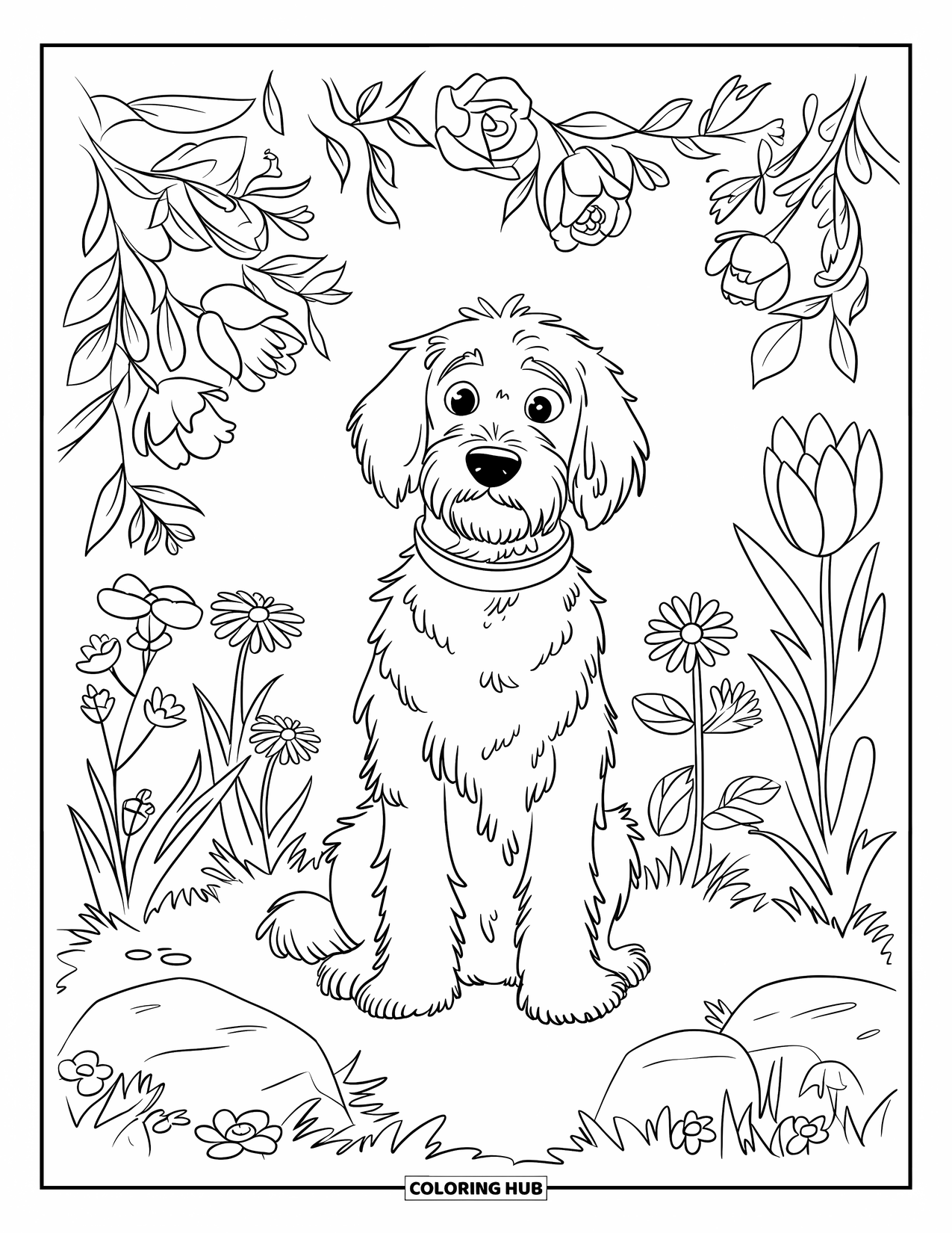 Labradoodle Coloring Page for Kids: Labradoodle in a flower-filled garden with perked ears