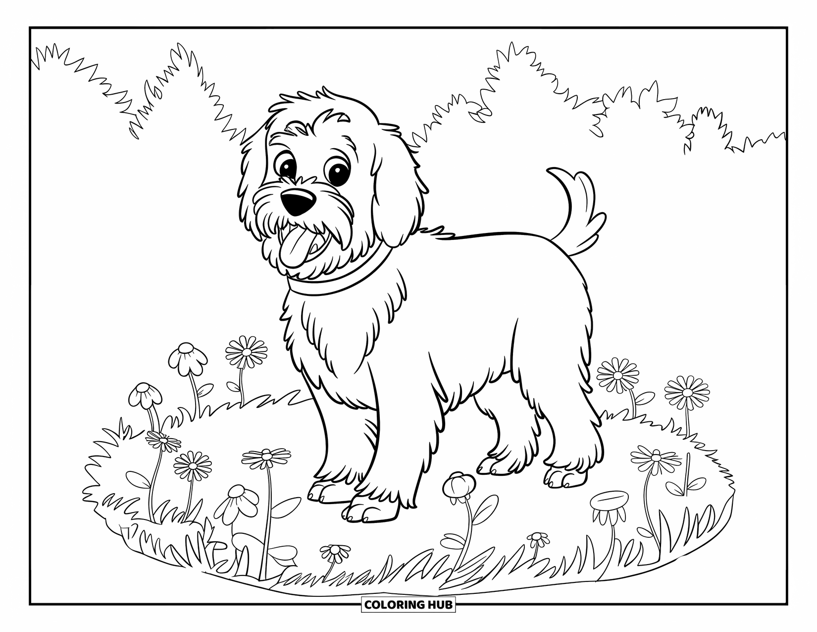 Labradoodle Coloring Page for Kids: Labradoodle in a flower meadow with trees in the background