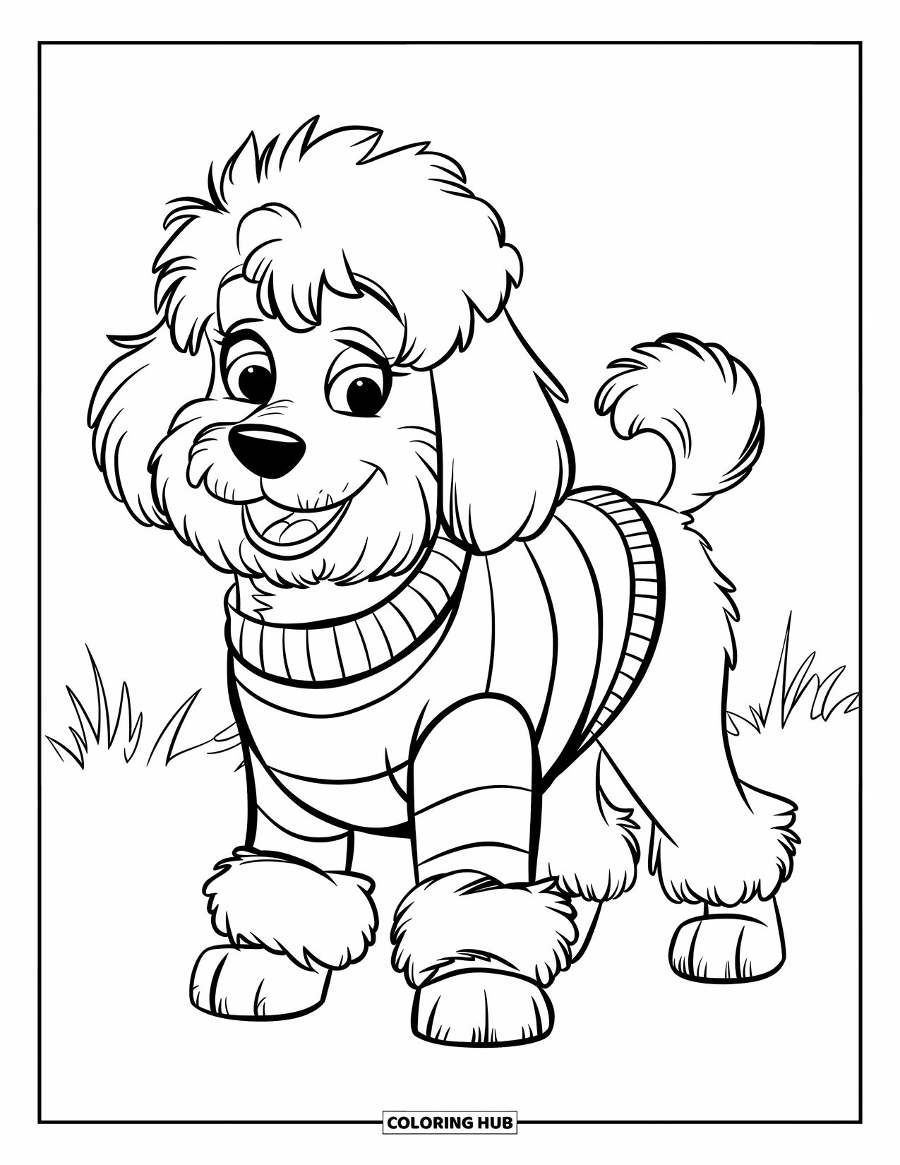 Labradoodle Coloring Page for Kids: Labradoodle in a striped sweater wagging its tail