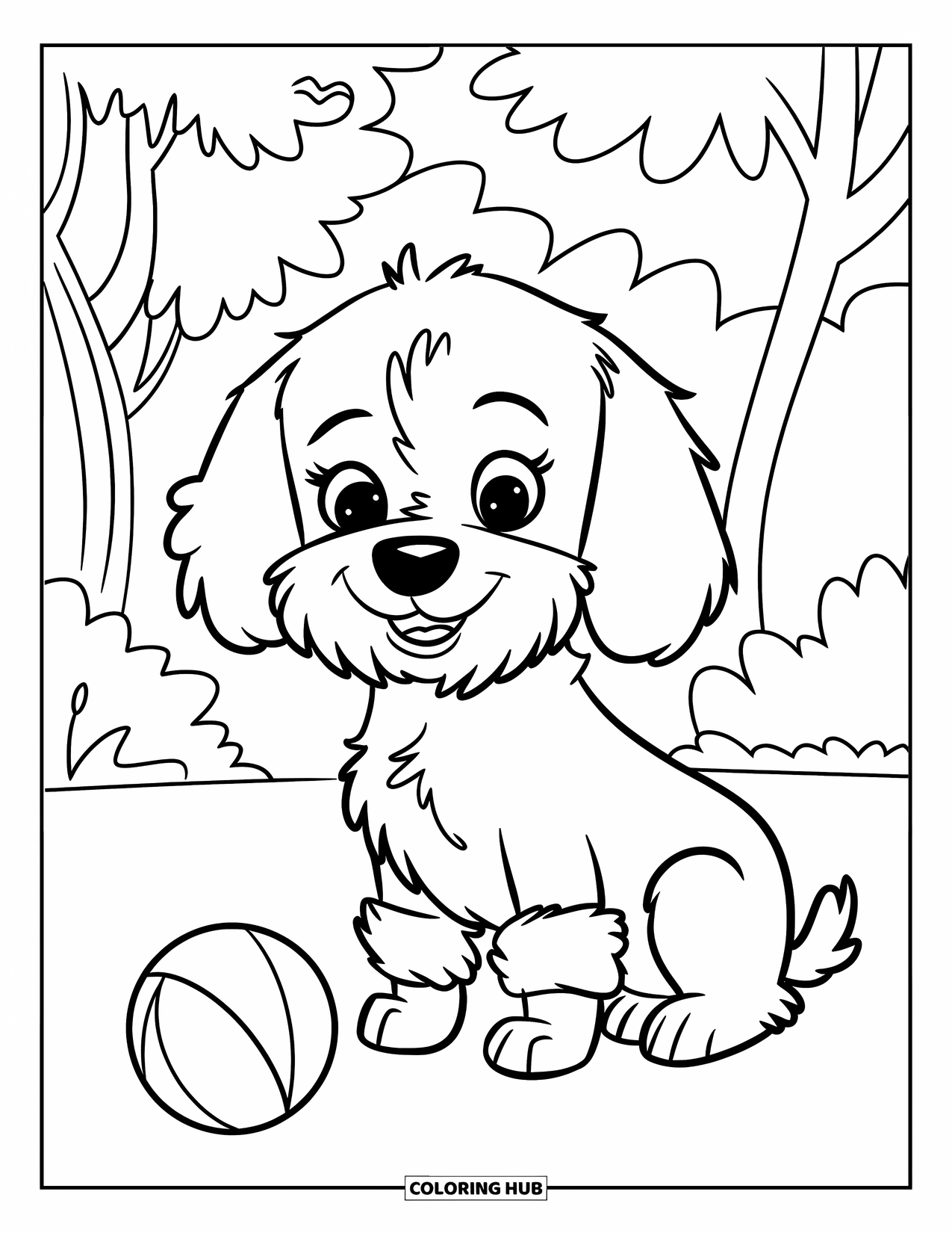 Labradoodle Coloring Page for Kids: Labradoodle in grass with a ball and trees nearby