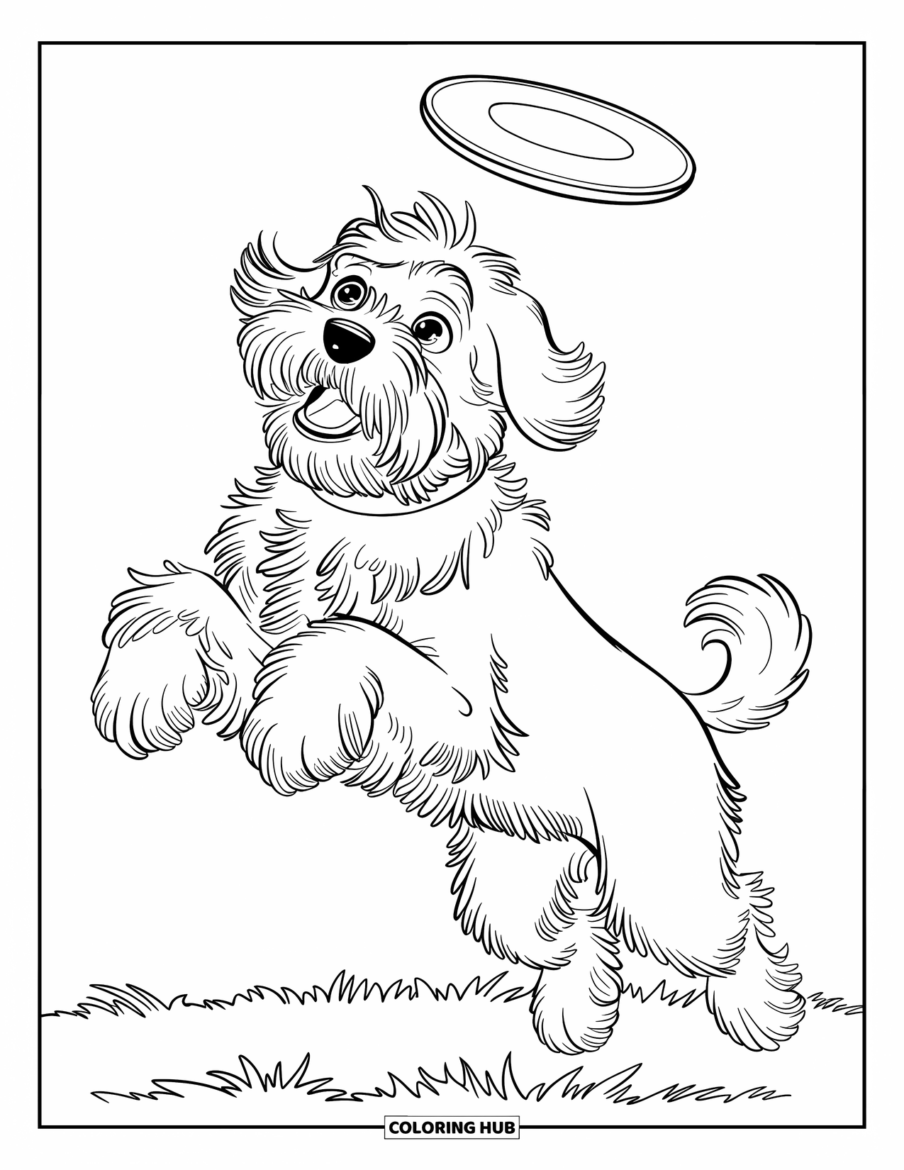 Labradoodle Coloring Page for Kids: Labradoodle jumping mid-air to catch a frisbee in a field