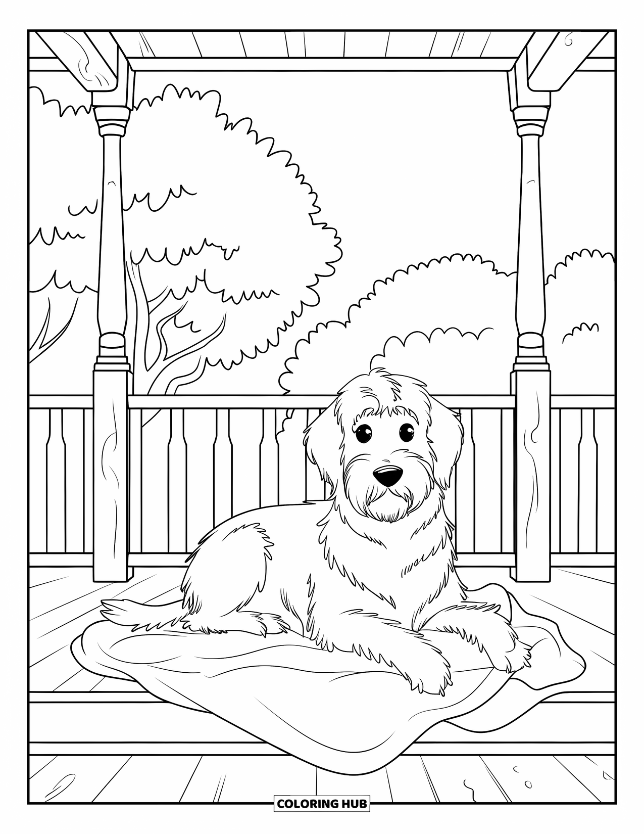 Labradoodle Coloring Page for Kids: Labradoodle lying on a porch with a blanket and railing