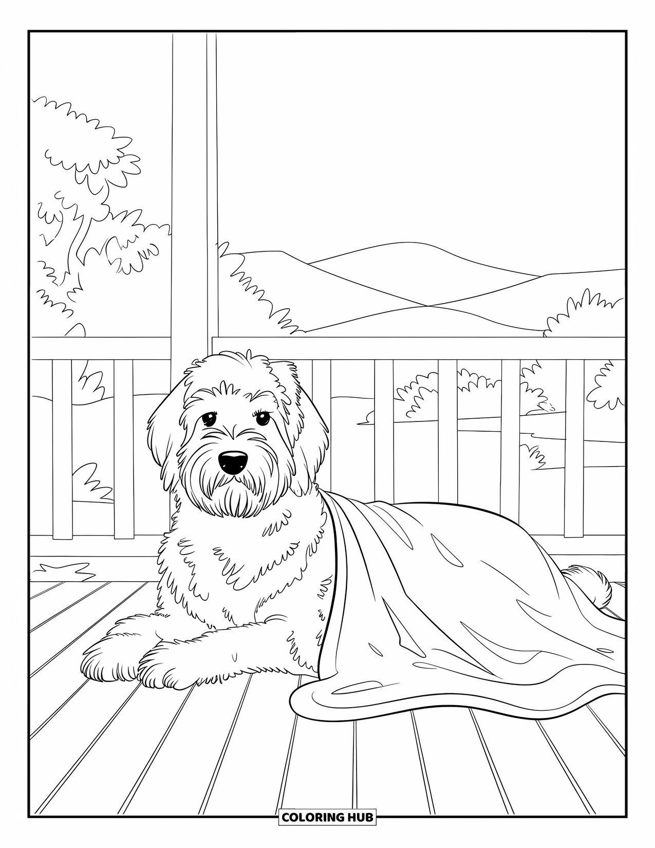 Labradoodle Coloring Page for Kids: Labradoodle on a porch with a blanket, facing forward