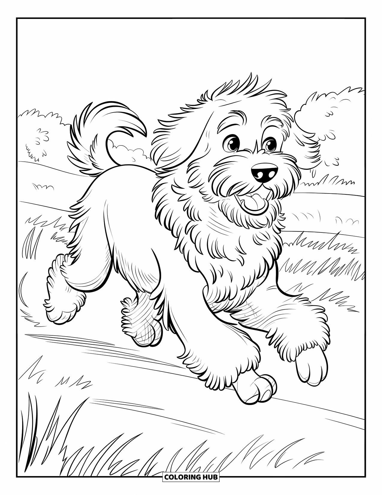 Labradoodle Coloring Page for Kids: Labradoodle running in a field with its mouth open