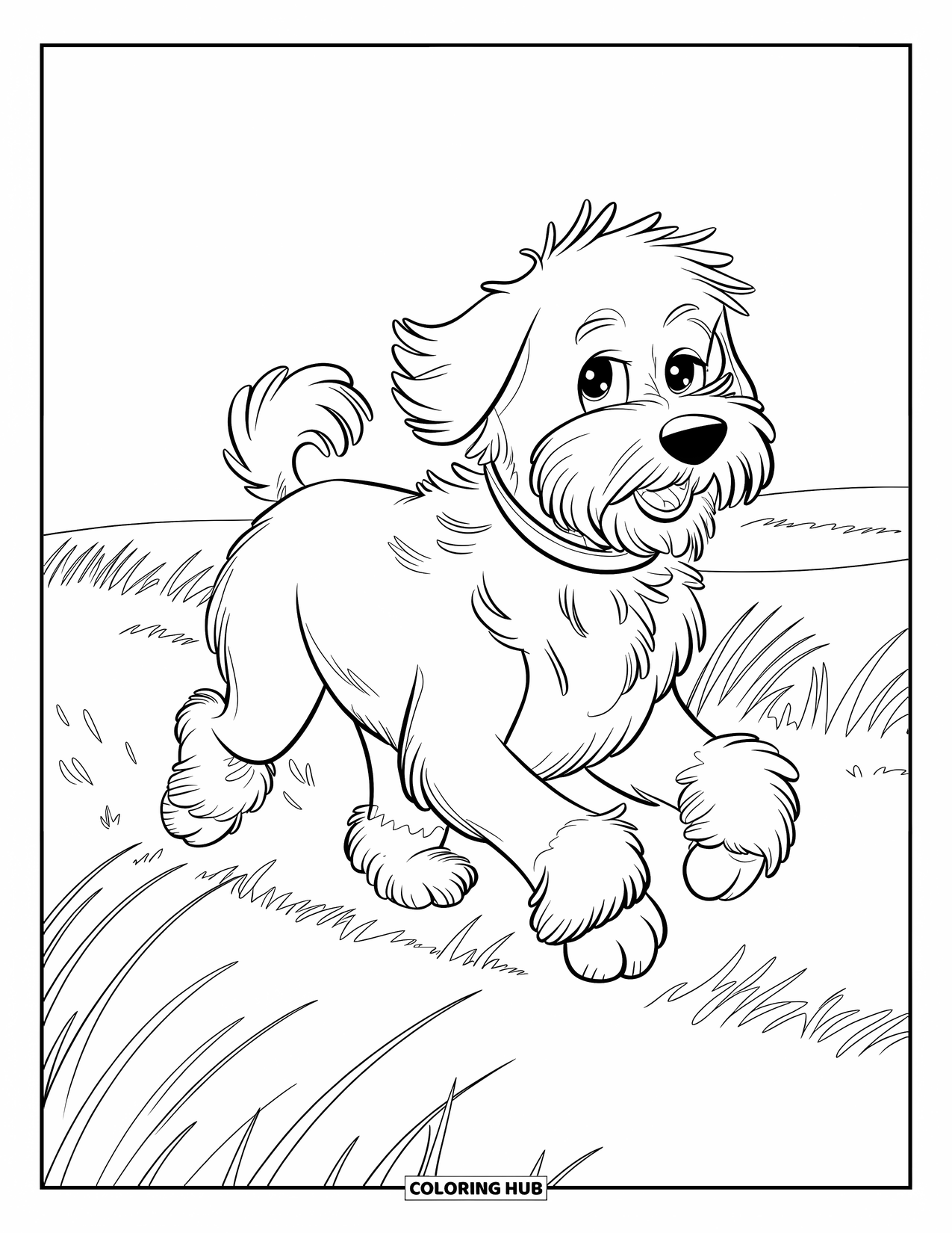 Labradoodle Coloring Page for Kids: Labradoodle running through tall grass with wind-blown fur